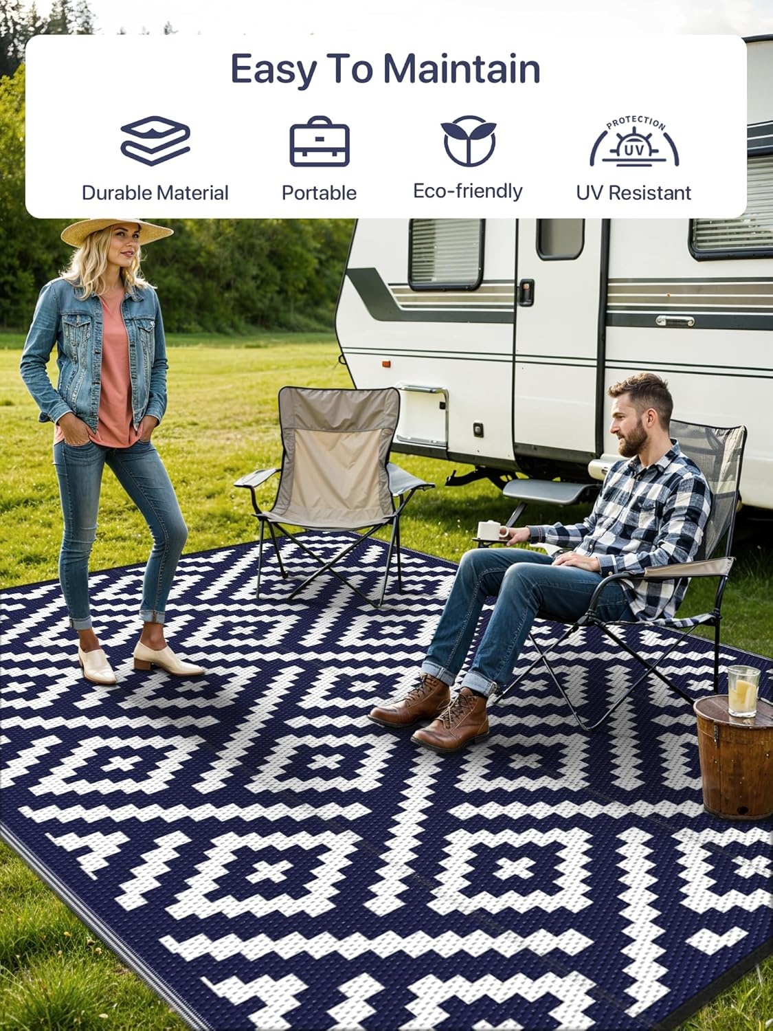 image:imageGENIMO Outdoor Rug for Patio Clearance 5x8 Reversible Plastic Straw Rugs Lightweight Waterproof RV Camping Mat for Camper Balcony Deck Backyard Picnic BlackBrownNavy Bluewhite