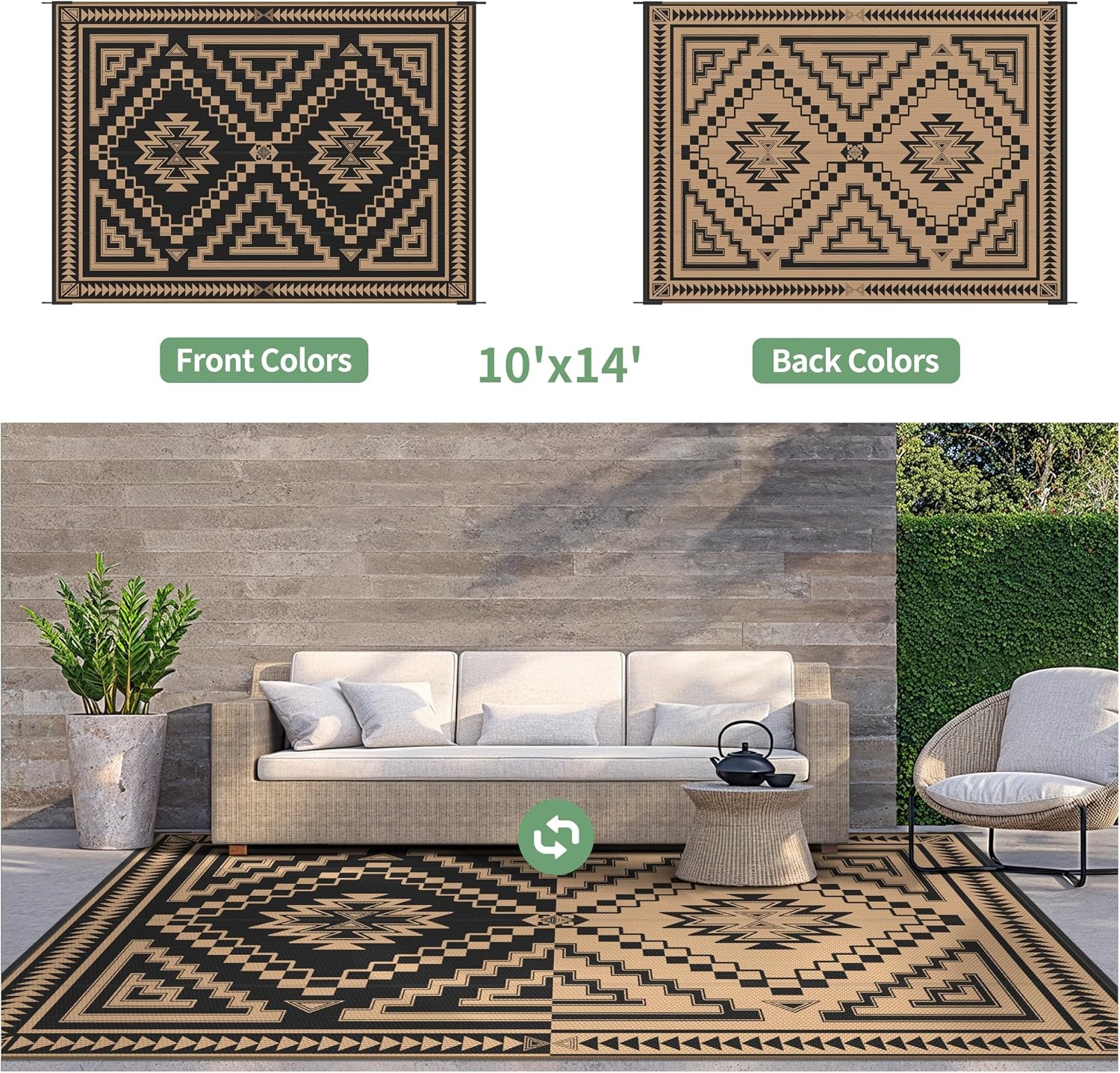 image:imageGENIMO Outdoor Rug for Patio Clearance 5x8 Reversible Plastic Straw Rugs Lightweight Waterproof RV Camping Mat for Camper Balcony Deck Backyard Picnic BlackBrownBlack Brown Aztec