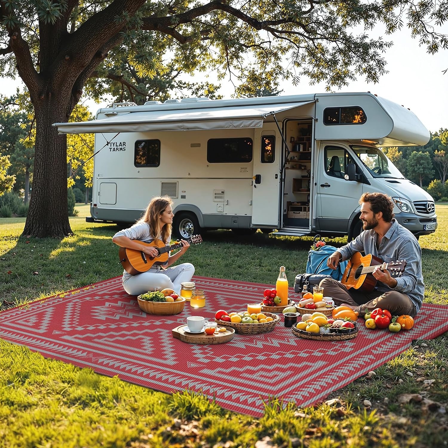 image:imageGENIMO Outdoor Rug for Patio Clearance 5x8 Reversible Plastic Straw Rugs Lightweight Waterproof RV Camping Mat for Camper Balcony Deck Backyard Picnic BlackBrownRed Grey Aztec