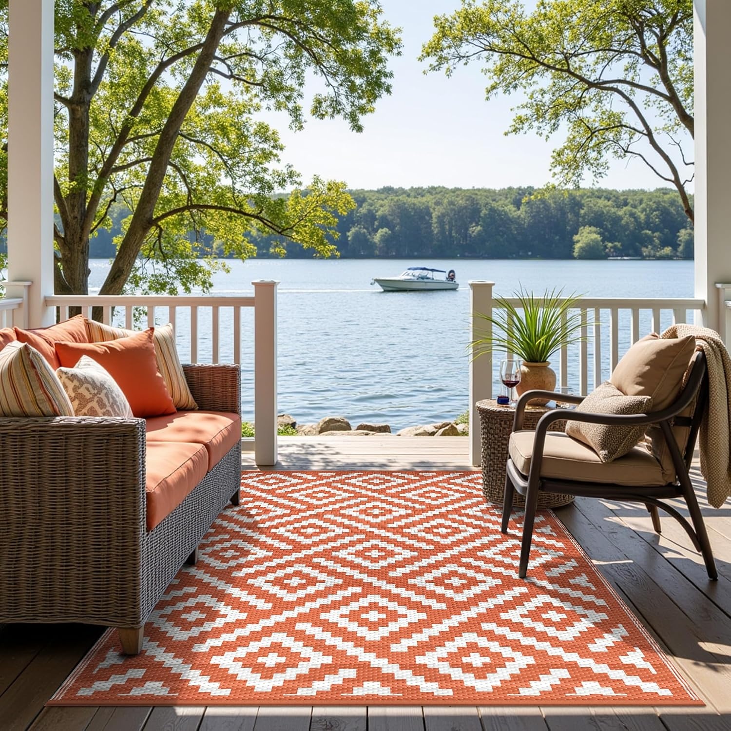 image:imageGENIMO Outdoor Rug for Patio Clearance 5x8 Reversible Plastic Straw Rugs Lightweight Waterproof RV Camping Mat for Camper Balcony Deck Backyard Picnic BlackBrownWhiteorange