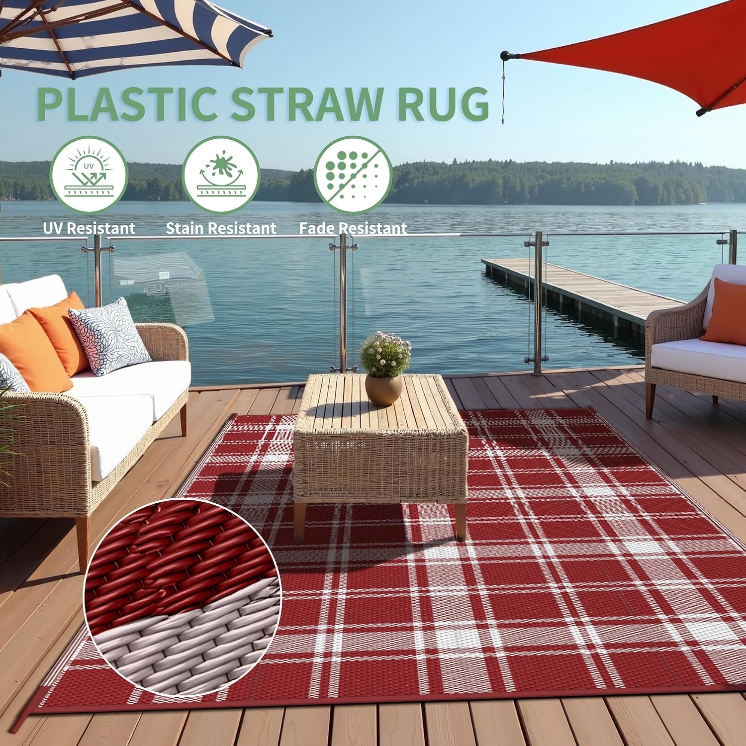 image:imageGENIMO Outdoor Rug for Patio Clearance 5x8 Reversible Plastic Straw Rugs Lightweight Waterproof RV Camping Mat for Camper Balcony Deck Backyard Picnic BlackBrownRed White Plaid