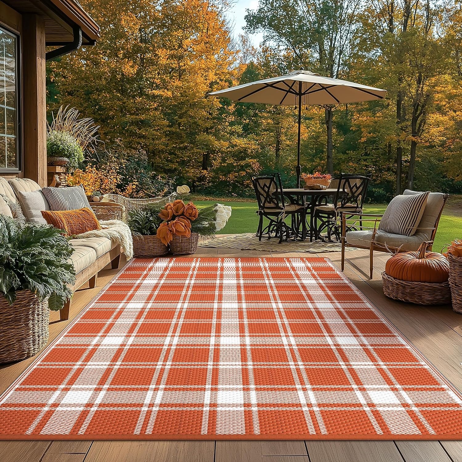 image:imageGENIMO Outdoor Rug for Patio Clearance 5x8 Reversible Plastic Straw Rugs Lightweight Waterproof RV Camping Mat for Camper Balcony Deck Backyard Picnic BlackBrownOrange White Plaid