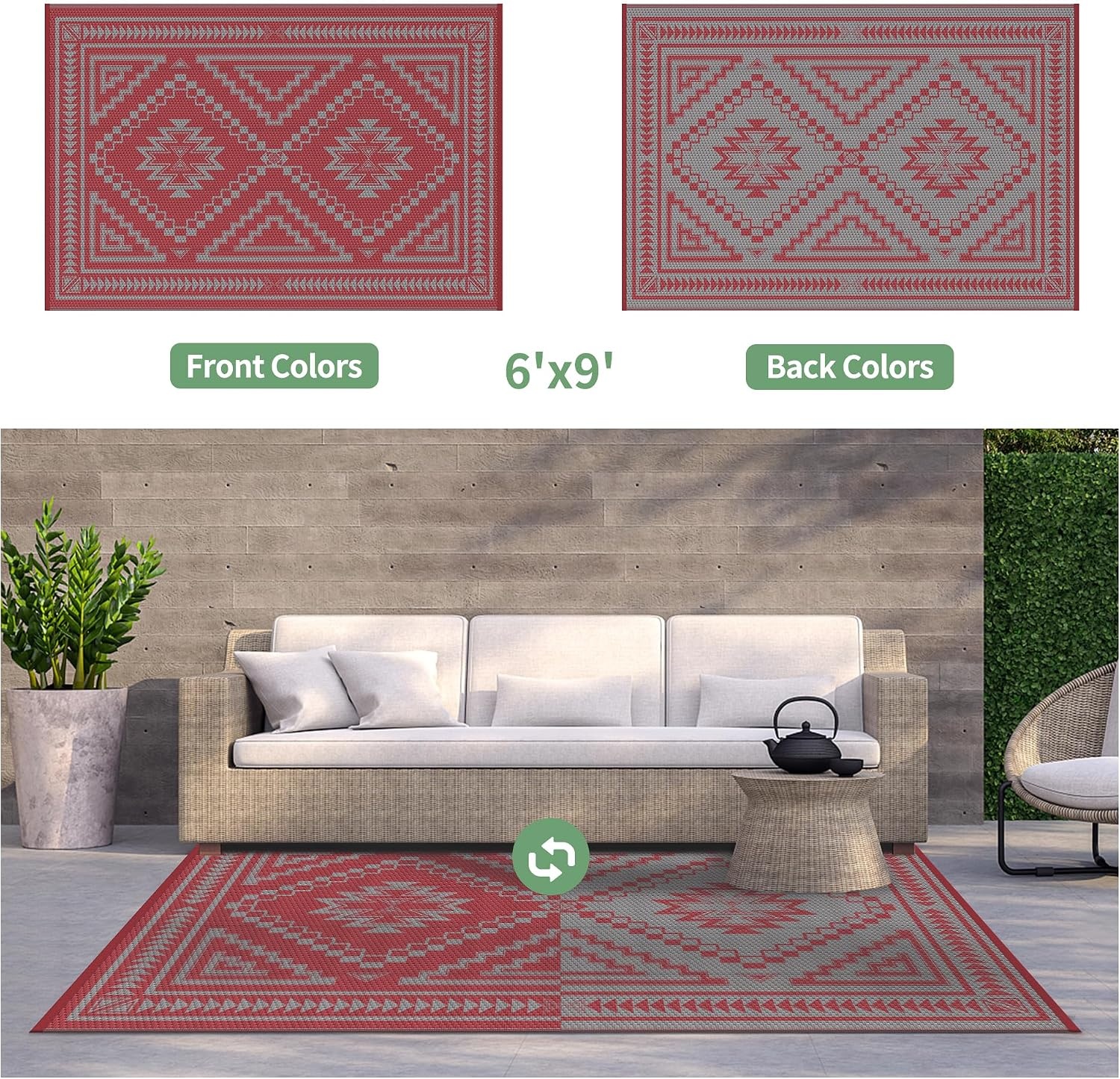 image:imageGENIMO Outdoor Rug for Patio Clearance 5x8 Reversible Plastic Straw Rugs Lightweight Waterproof RV Camping Mat for Camper Balcony Deck Backyard Picnic BlackBrownRed Grey Aztec