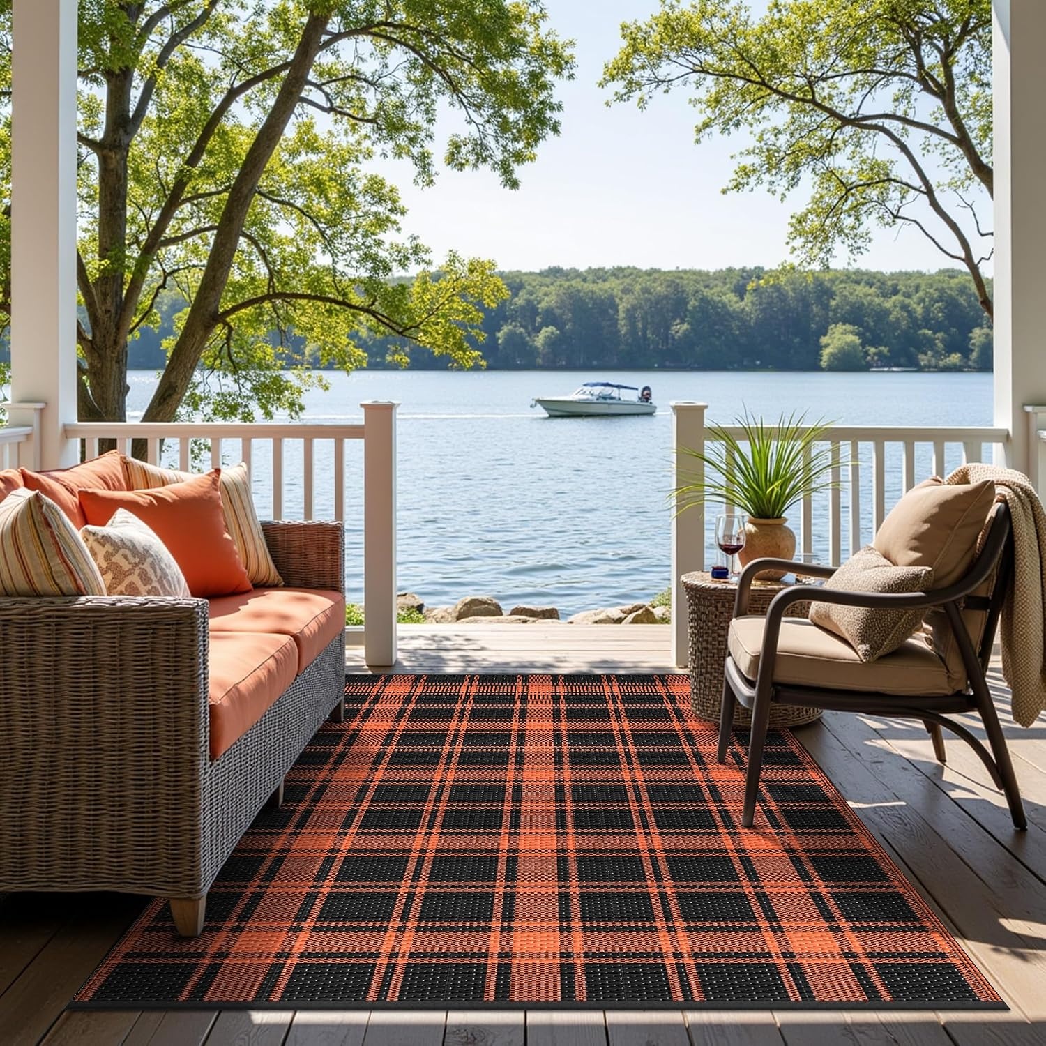 image:imageGENIMO Outdoor Rug for Patio Clearance 5x8 Reversible Plastic Straw Rugs Lightweight Waterproof RV Camping Mat for Camper Balcony Deck Backyard Picnic BlackBrownBlack Orange Plaid