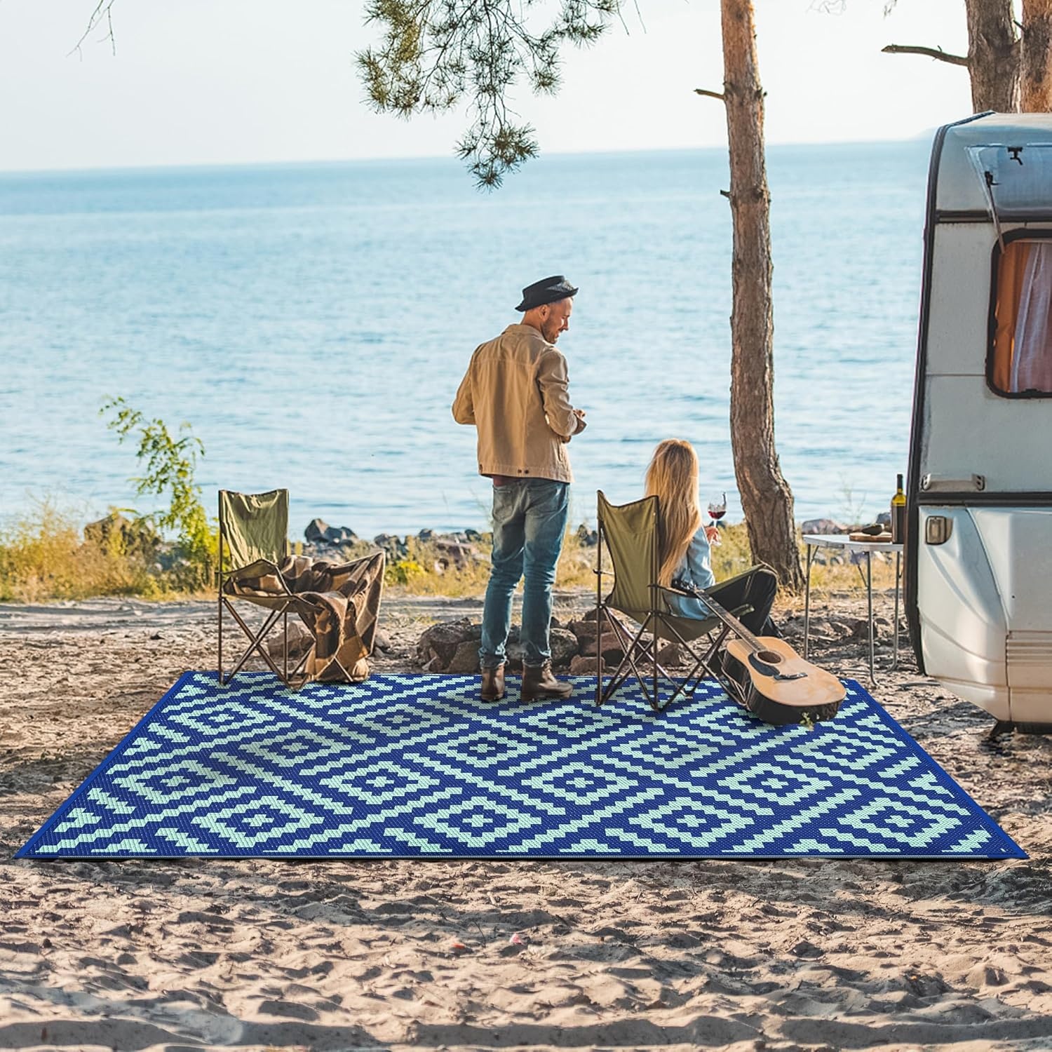 image:imageGENIMO Outdoor Rug for Patio Clearance 5x8 Reversible Plastic Straw Rugs Lightweight Waterproof RV Camping Mat for Camper Balcony Deck Backyard Picnic BlackBrownRoyalbluebluegreen