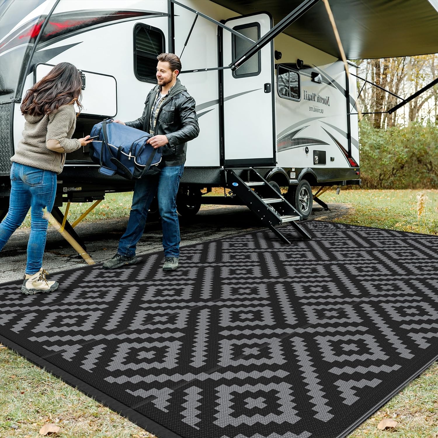 image:imageGENIMO Outdoor Rug for Patio Clearance 5x8 Reversible Plastic Straw Rugs Lightweight Waterproof RV Camping Mat for Camper Balcony Deck Backyard Picnic BlackBrownBlackgray