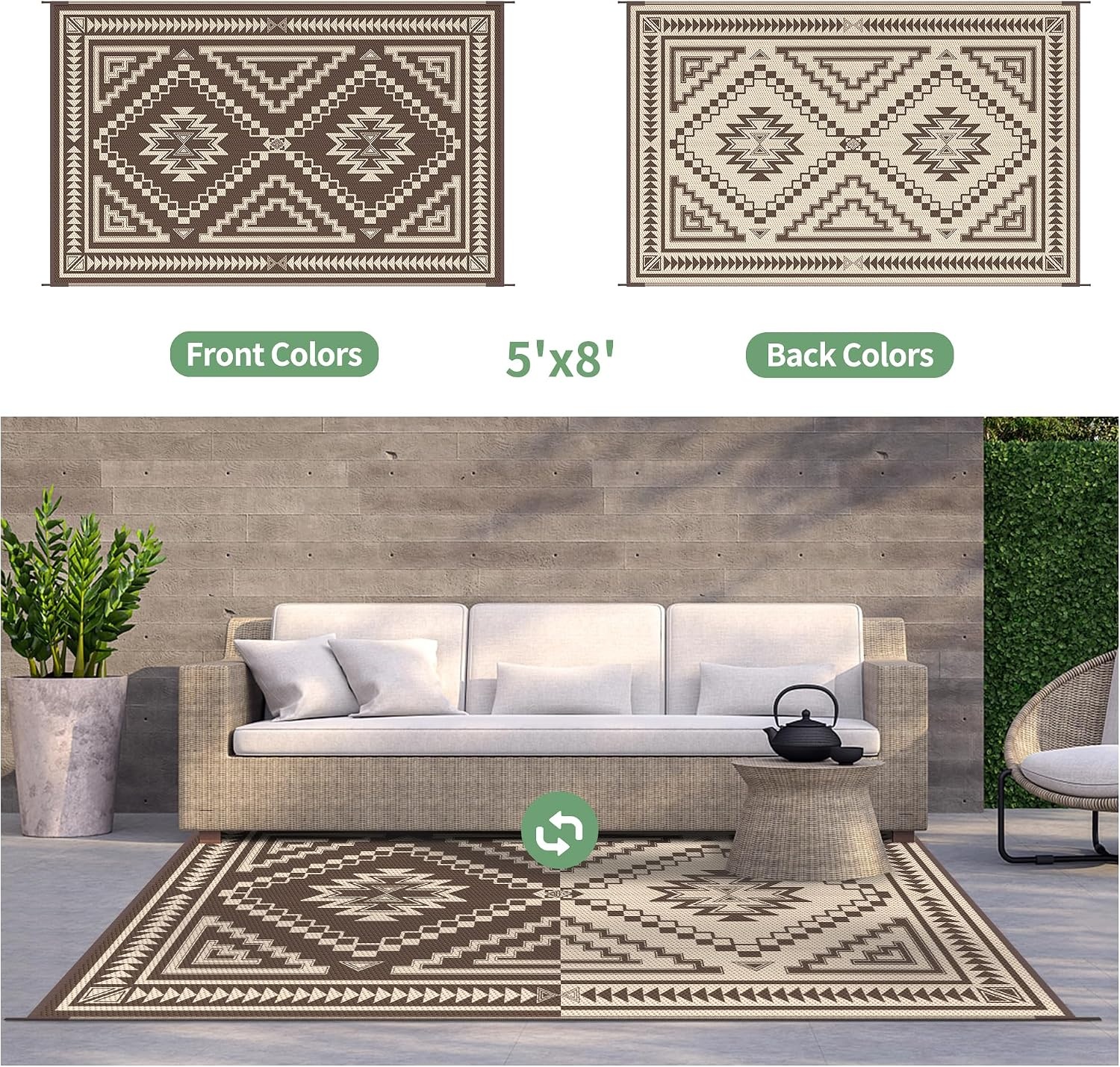 image:imageGENIMO Outdoor Rug for Patio Clearance 5x8 Reversible Plastic Straw Rugs Lightweight Waterproof RV Camping Mat for Camper Balcony Deck Backyard Picnic BlackBrownCoffee Beige Aztec