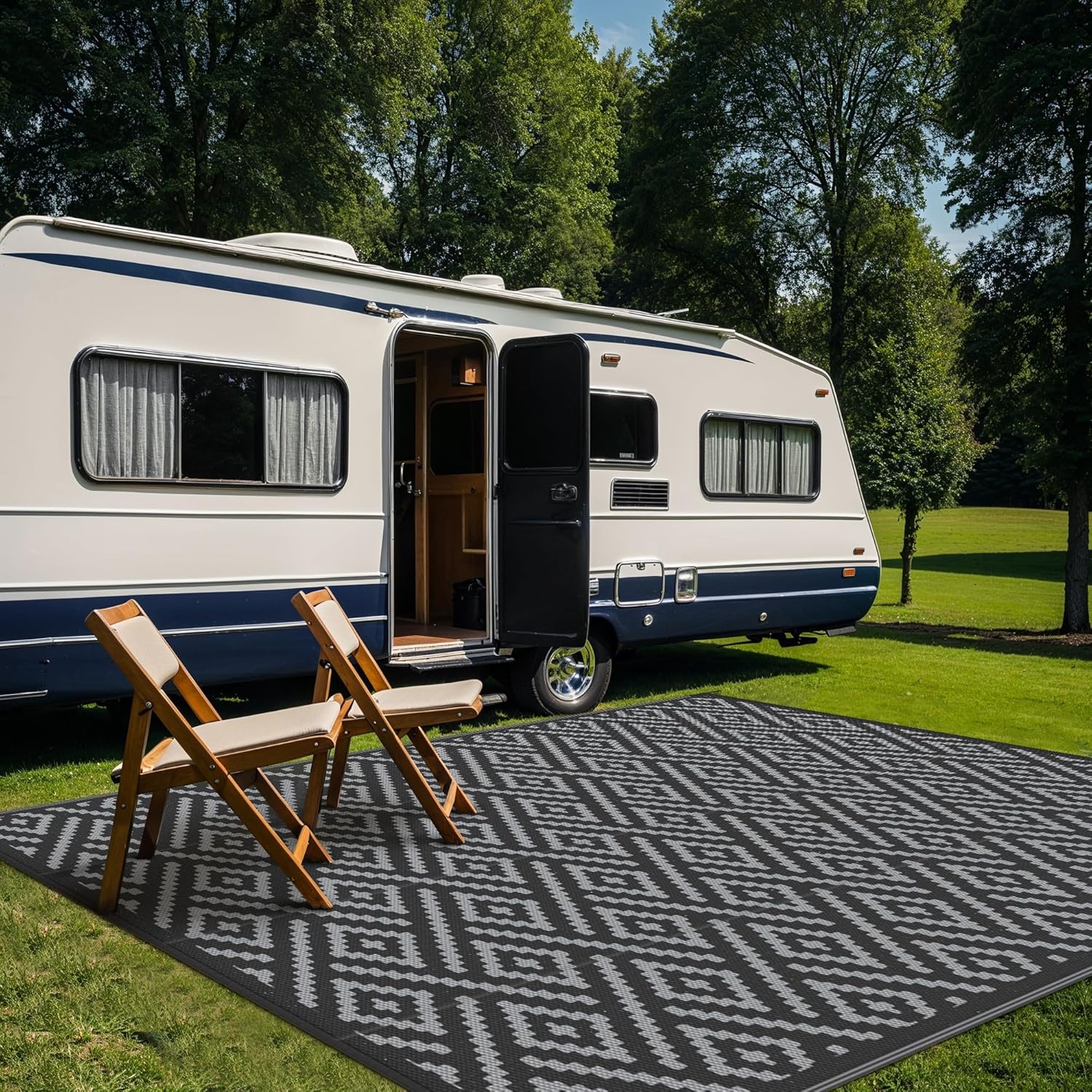 image:imageGENIMO Outdoor Rug for Patio Clearance 5x8 Reversible Plastic Straw Rugs Lightweight Waterproof RV Camping Mat for Camper Balcony Deck Backyard Picnic BlackBrownBlackgray