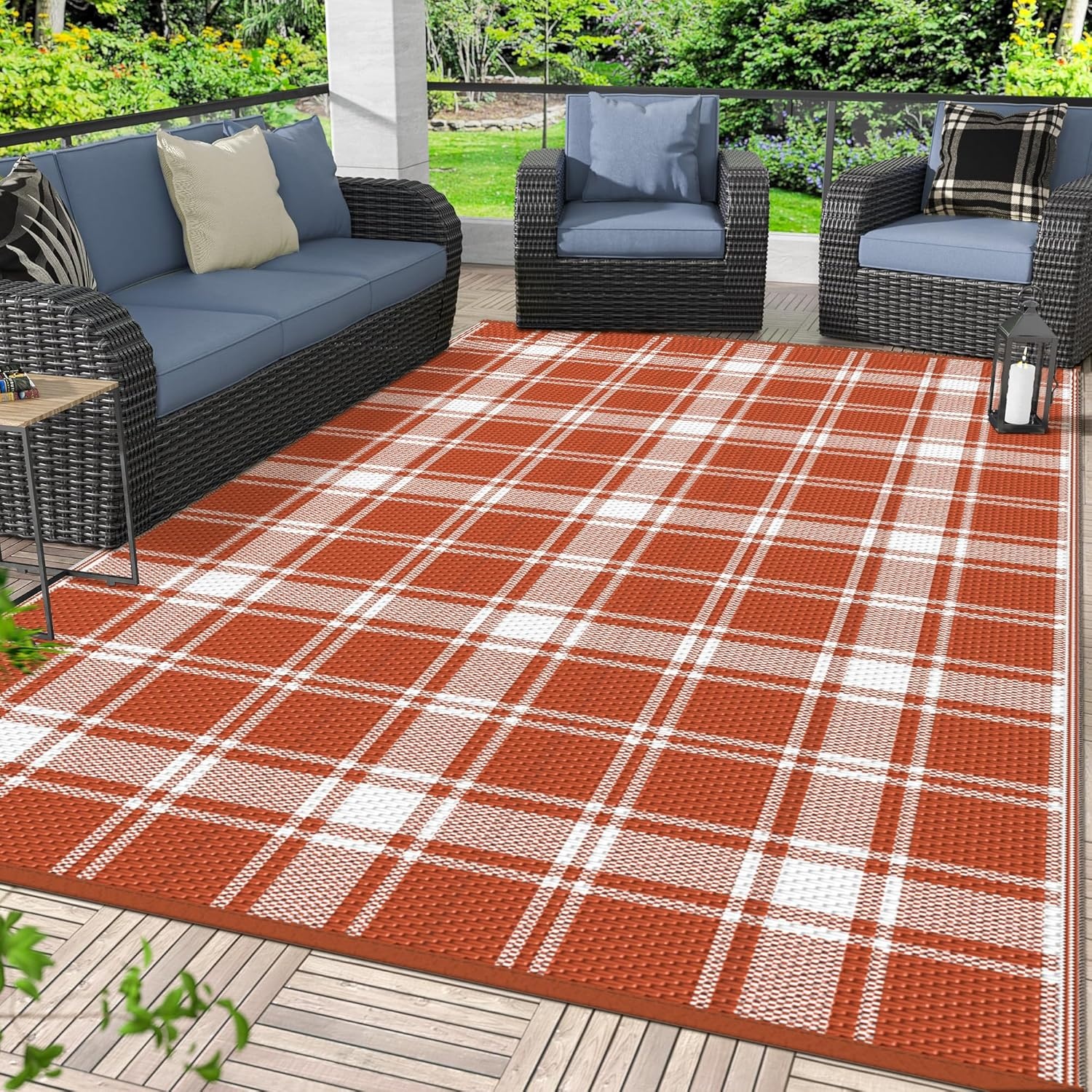 image:imageGENIMO Outdoor Rug for Patio Clearance 5x8 Reversible Plastic Straw Rugs Lightweight Waterproof RV Camping Mat for Camper Balcony Deck Backyard Picnic BlackBrownOrange White Plaid