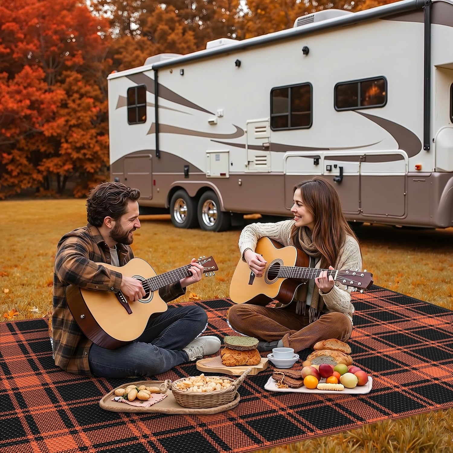 image:imageGENIMO Outdoor Rug for Patio Clearance 5x8 Reversible Plastic Straw Rugs Lightweight Waterproof RV Camping Mat for Camper Balcony Deck Backyard Picnic BlackBrownBlack Orange Plaid