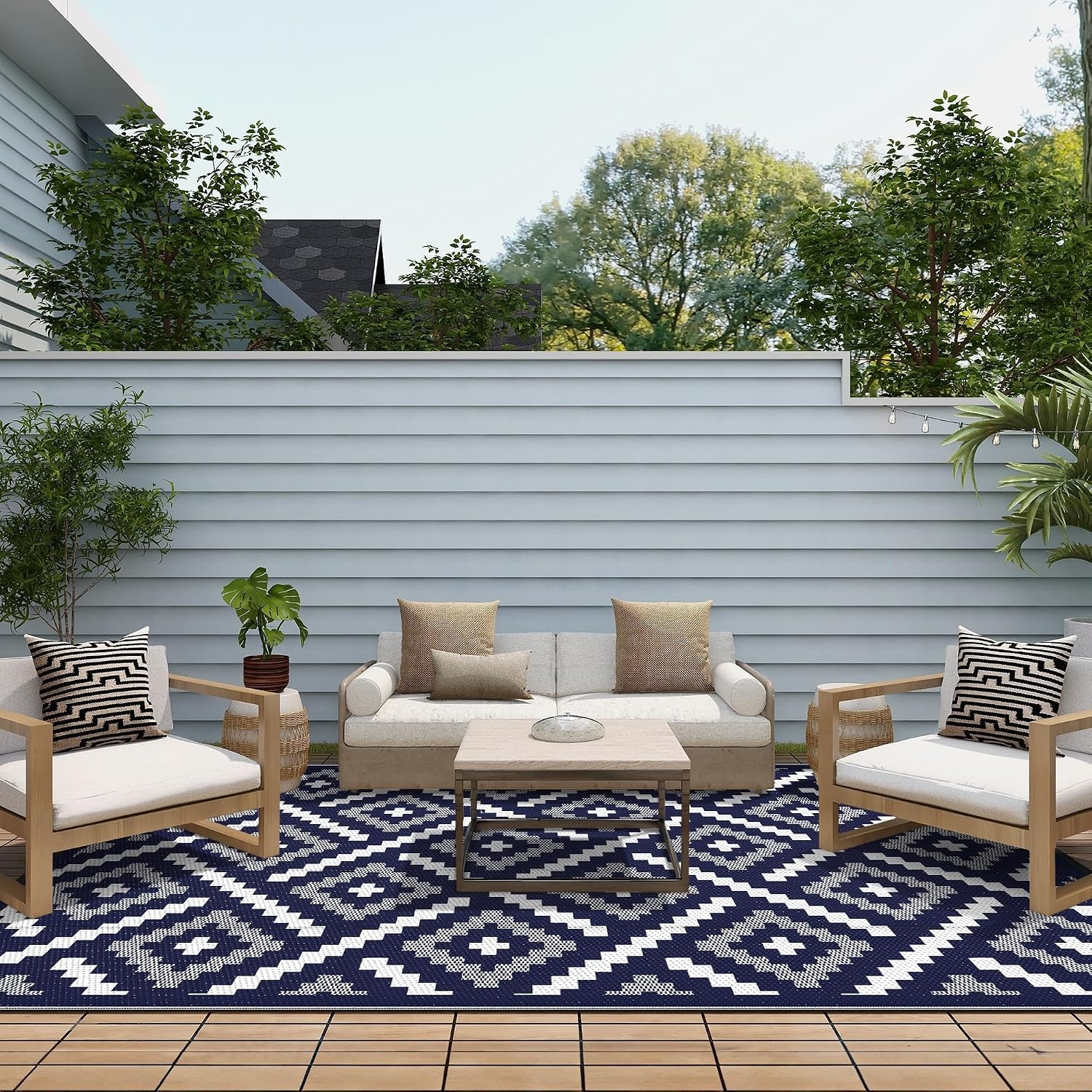 image:imageGENIMO Outdoor Rug for Patio Clearance 5x8 Reversible Plastic Straw Rugs Lightweight Waterproof RV Camping Mat for Camper Balcony Deck Backyard Picnic BlackBrownMixnavybluewhite