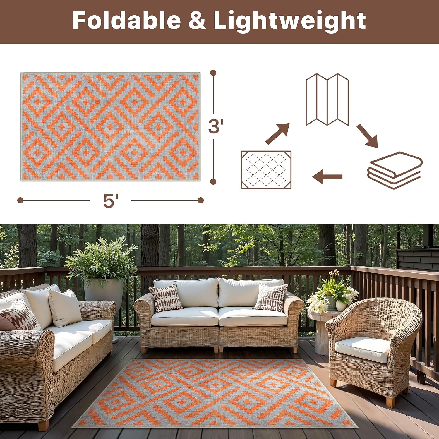 image:imageGENIMO Outdoor Rug for Patio Clearance 5x8 Reversible Plastic Straw Rugs Lightweight Waterproof RV Camping Mat for Camper Balcony Deck Backyard Picnic BlackBrownOrange Grey