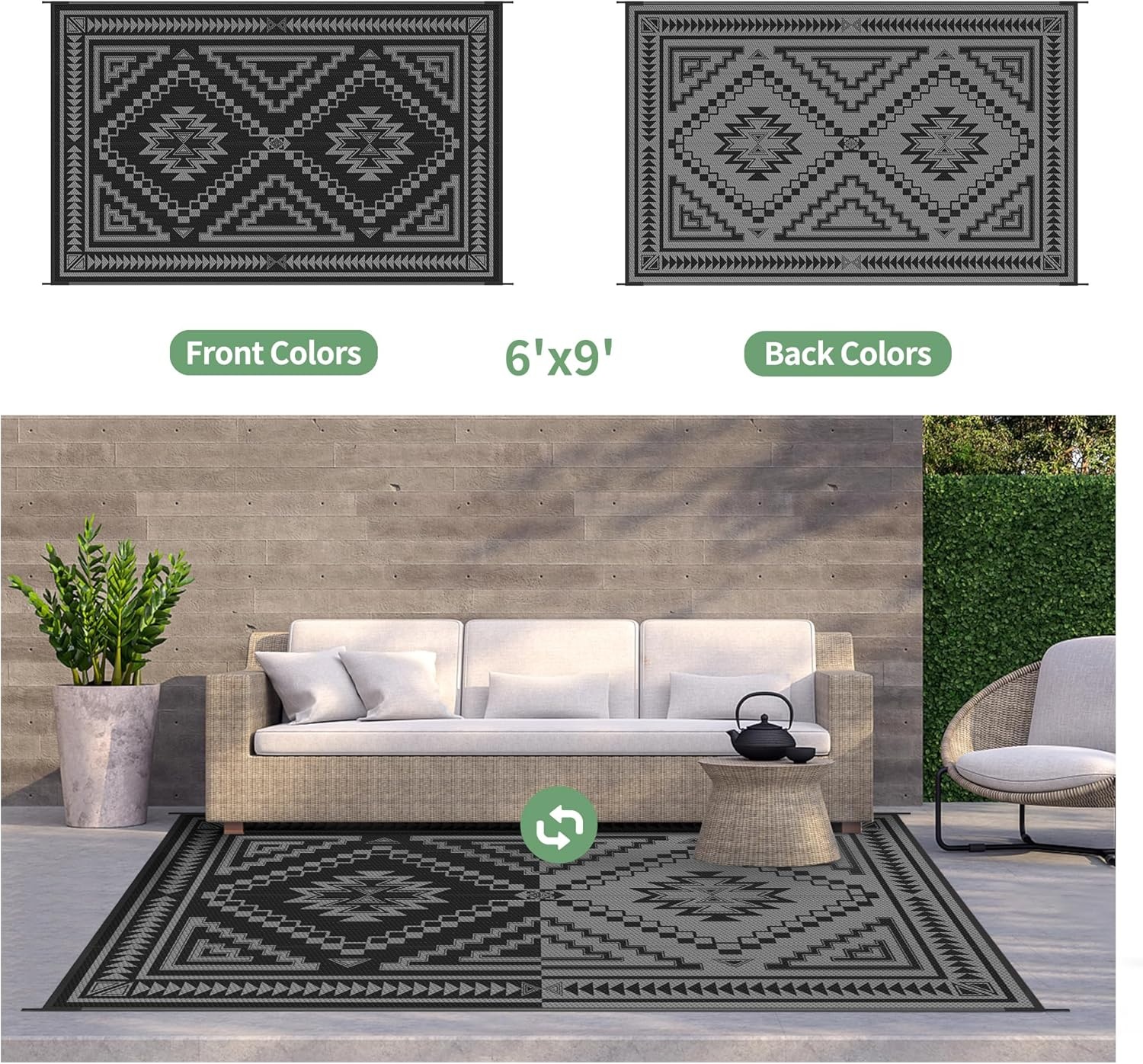 image:imageGENIMO Outdoor Rug for Patio Clearance 5x8 Reversible Plastic Straw Rugs Lightweight Waterproof RV Camping Mat for Camper Balcony Deck Backyard Picnic BlackBrownBlack Grey Aztec