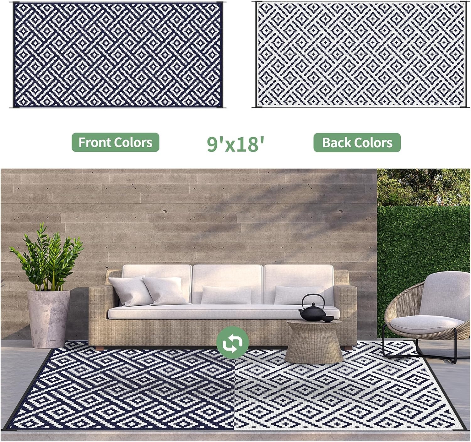image:imageGENIMO Outdoor Rug for Patio Clearance 5x8 Reversible Plastic Straw Rugs Lightweight Waterproof RV Camping Mat for Camper Balcony Deck Backyard Picnic BlackBrownNavy Bluewhite