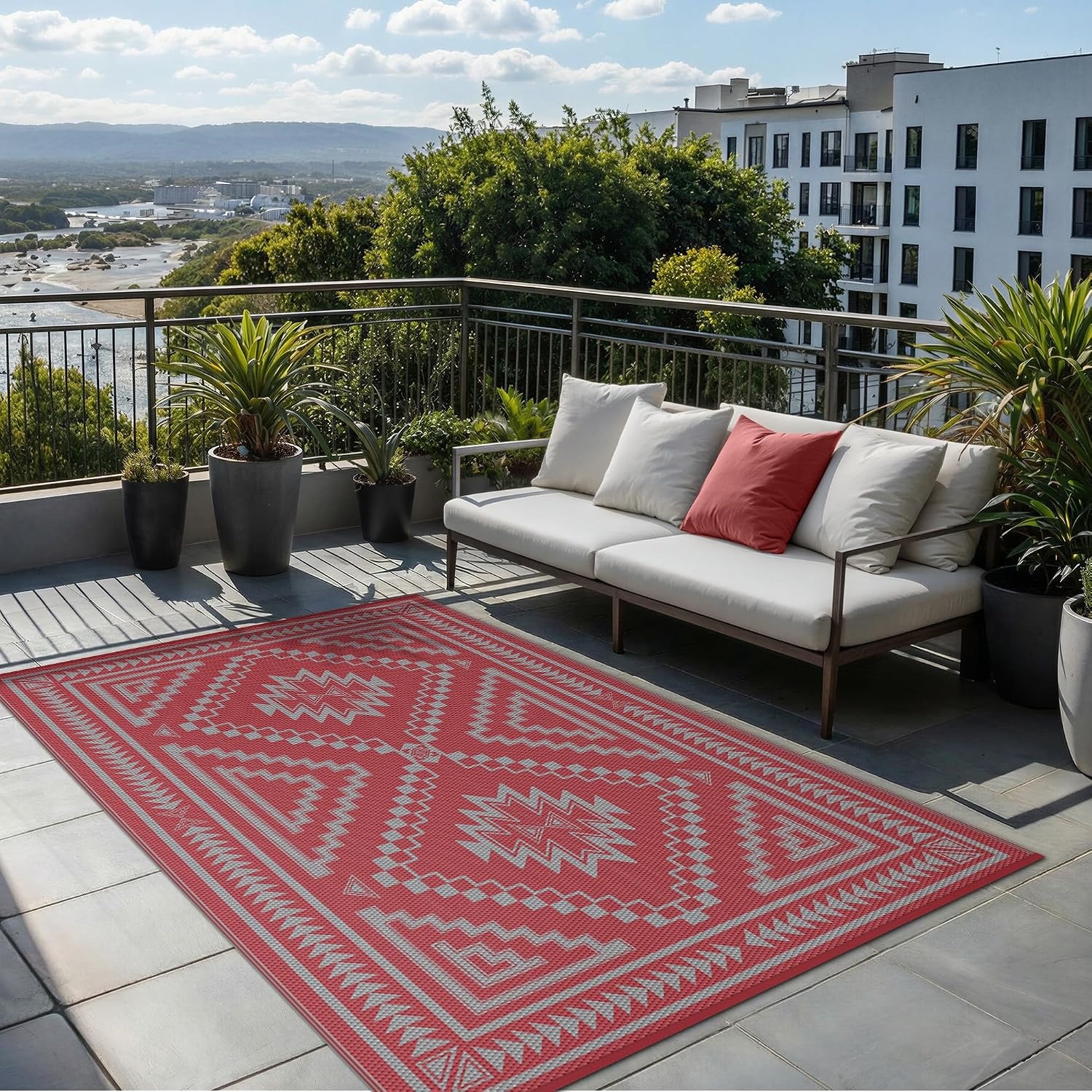 image:imageGENIMO Outdoor Rug for Patio Clearance 5x8 Reversible Plastic Straw Rugs Lightweight Waterproof RV Camping Mat for Camper Balcony Deck Backyard Picnic BlackBrownRed Grey Aztec
