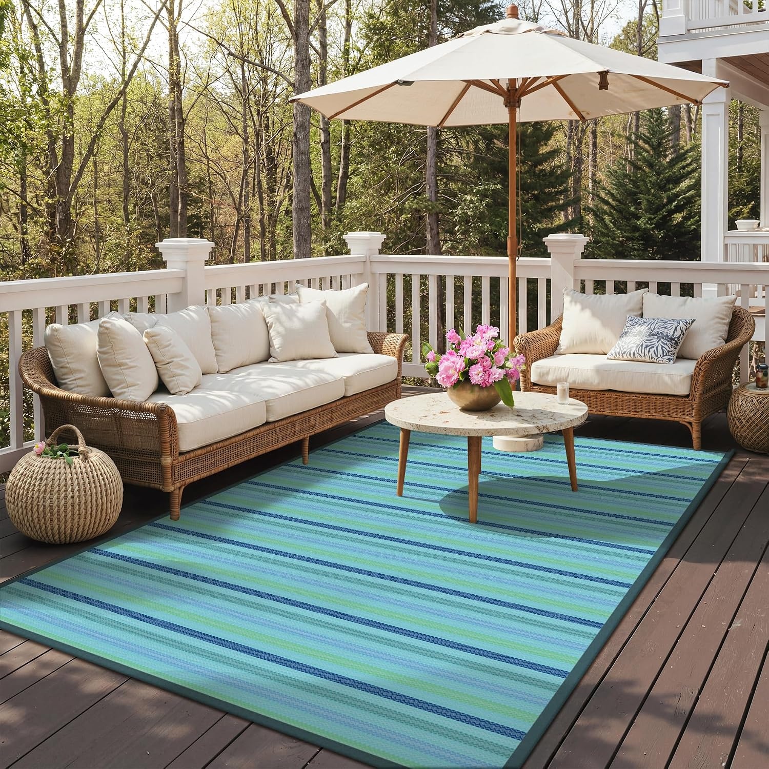image:imageGENIMO Outdoor Rug for Patio Clearance 5x8 Reversible Plastic Straw Rugs Lightweight Waterproof RV Camping Mat for Camper Balcony Deck Backyard Picnic BlackBrownLightblue