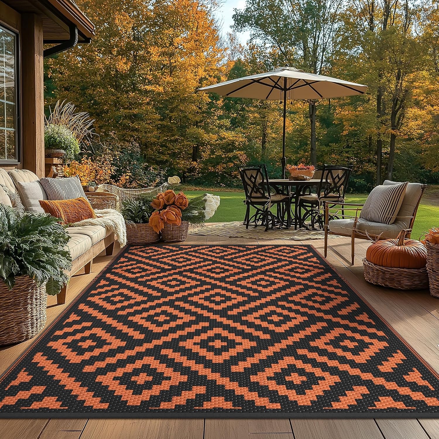 image:imageGENIMO Outdoor Rug for Patio Clearance 5x8 Reversible Plastic Straw Rugs Lightweight Waterproof RV Camping Mat for Camper Balcony Deck Backyard Picnic BlackBrownBlackorange