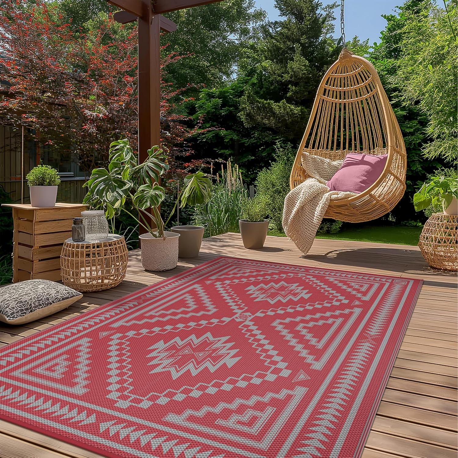 image:imageGENIMO Outdoor Rug for Patio Clearance 5x8 Reversible Plastic Straw Rugs Lightweight Waterproof RV Camping Mat for Camper Balcony Deck Backyard Picnic BlackBrownRed Grey Aztec