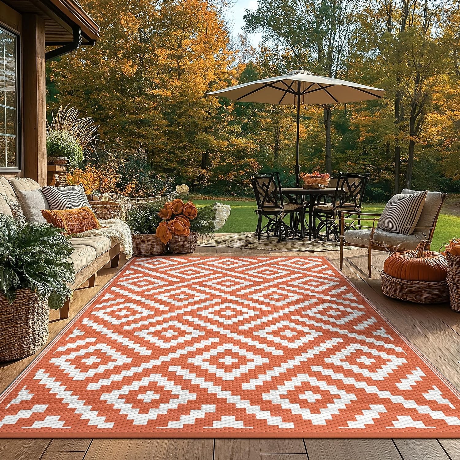 image:imageGENIMO Outdoor Rug for Patio Clearance 5x8 Reversible Plastic Straw Rugs Lightweight Waterproof RV Camping Mat for Camper Balcony Deck Backyard Picnic BlackBrownWhiteorange