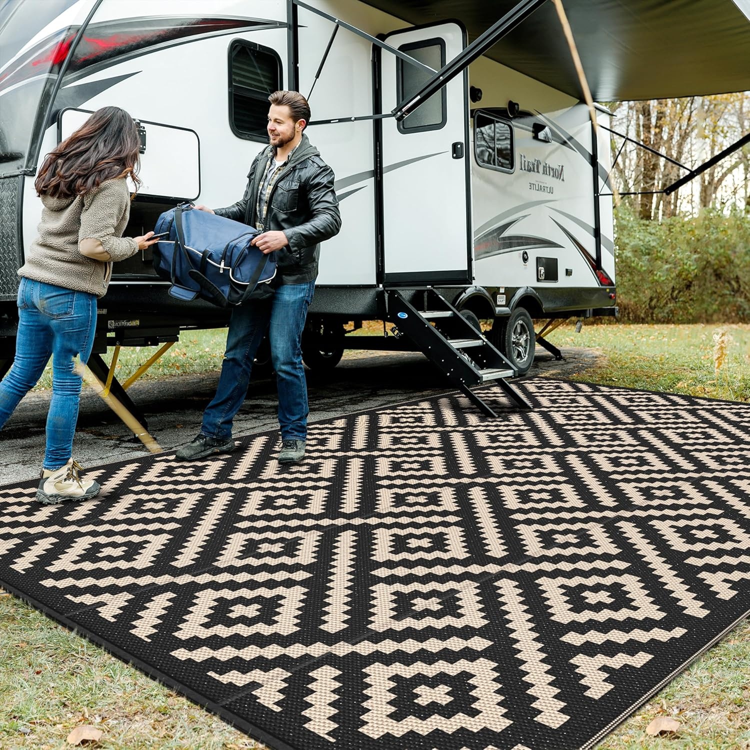 image:imageGENIMO Outdoor Rug for Patio Clearance 5x8 Reversible Plastic Straw Rugs Lightweight Waterproof RV Camping Mat for Camper Balcony Deck Backyard Picnic BlackBrownBlackbeige