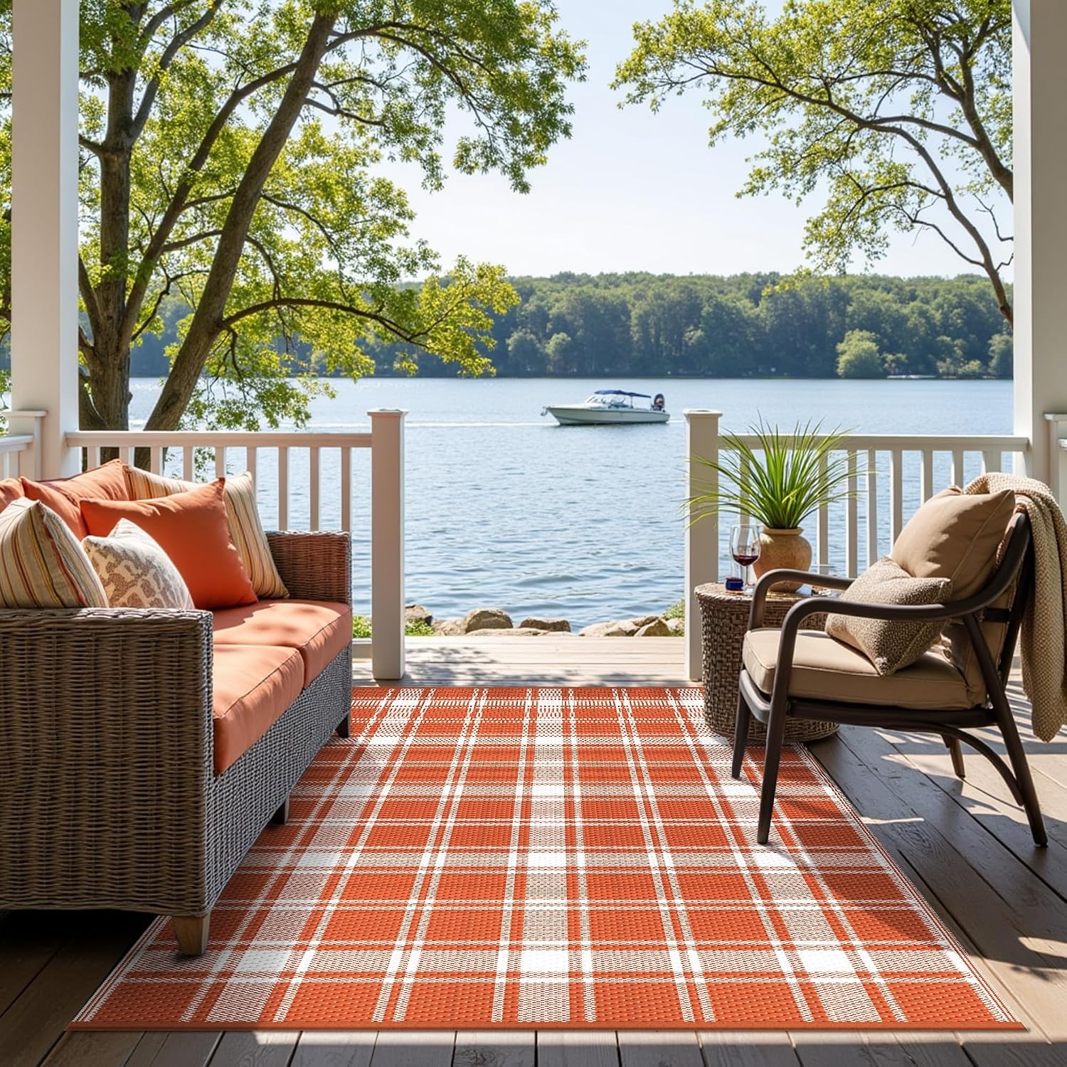 image:imageGENIMO Outdoor Rug for Patio Clearance 5x8 Reversible Plastic Straw Rugs Lightweight Waterproof RV Camping Mat for Camper Balcony Deck Backyard Picnic BlackBrownOrange White Plaid