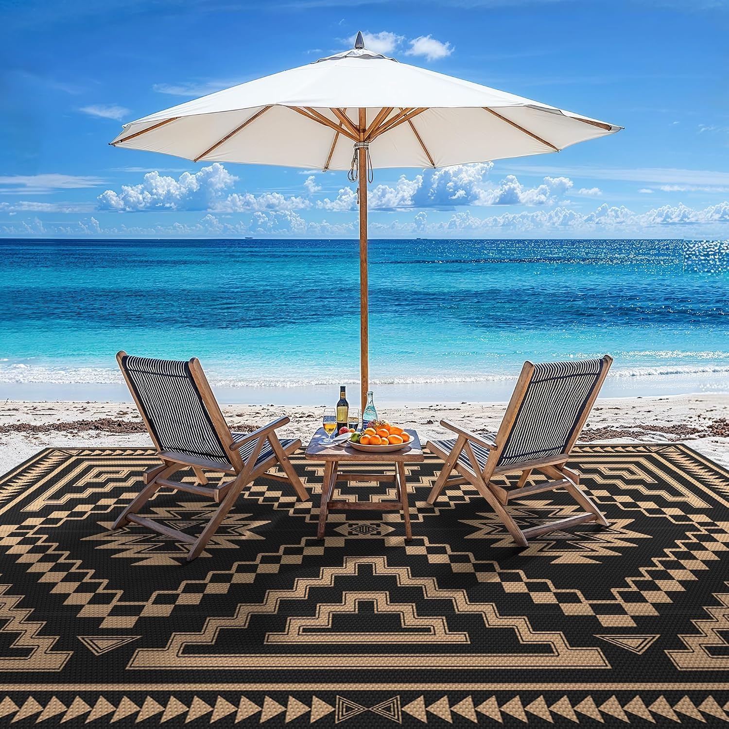 image:imageGENIMO Outdoor Rug for Patio Clearance 5x8 Reversible Plastic Straw Rugs Lightweight Waterproof RV Camping Mat for Camper Balcony Deck Backyard Picnic BlackBrownBlack Brown Aztec
