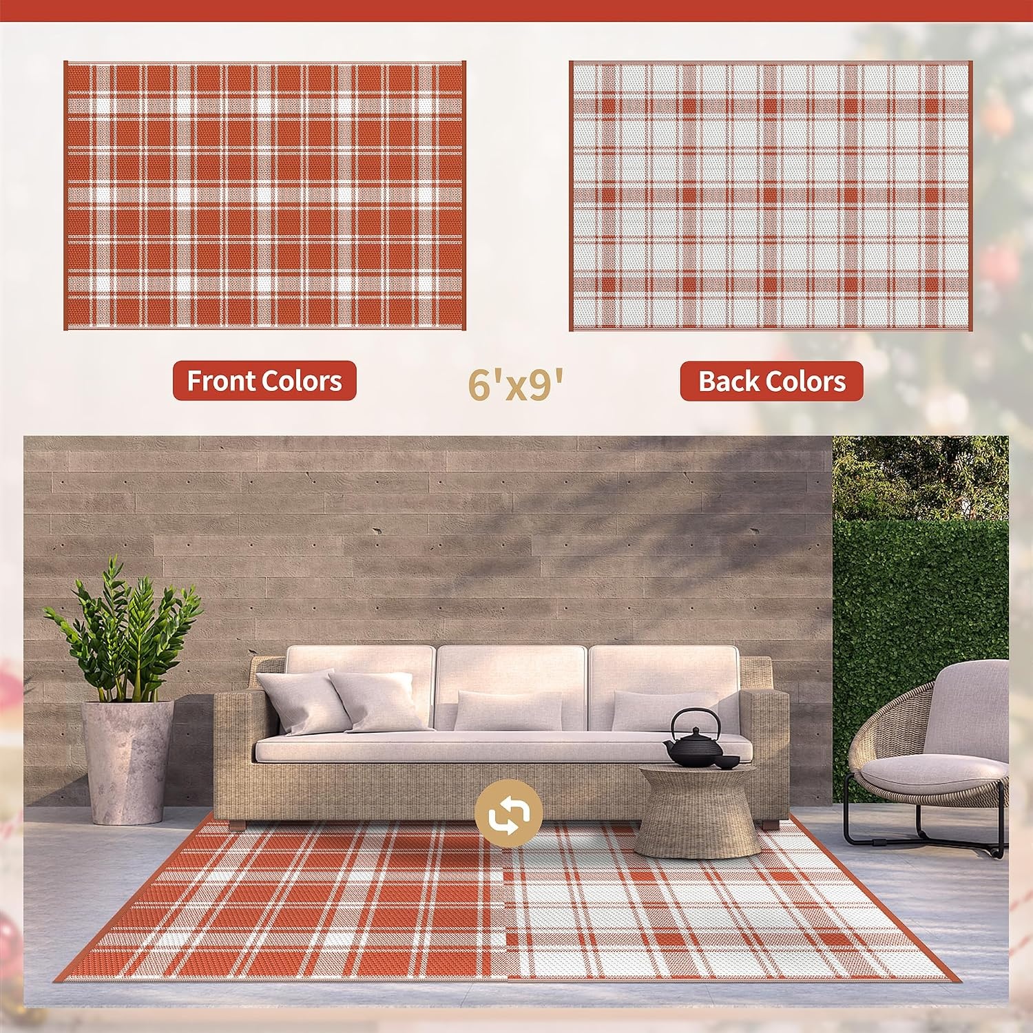 image:imageGENIMO Outdoor Rug for Patio Clearance 5x8 Reversible Plastic Straw Rugs Lightweight Waterproof RV Camping Mat for Camper Balcony Deck Backyard Picnic BlackBrownOrange White Plaid