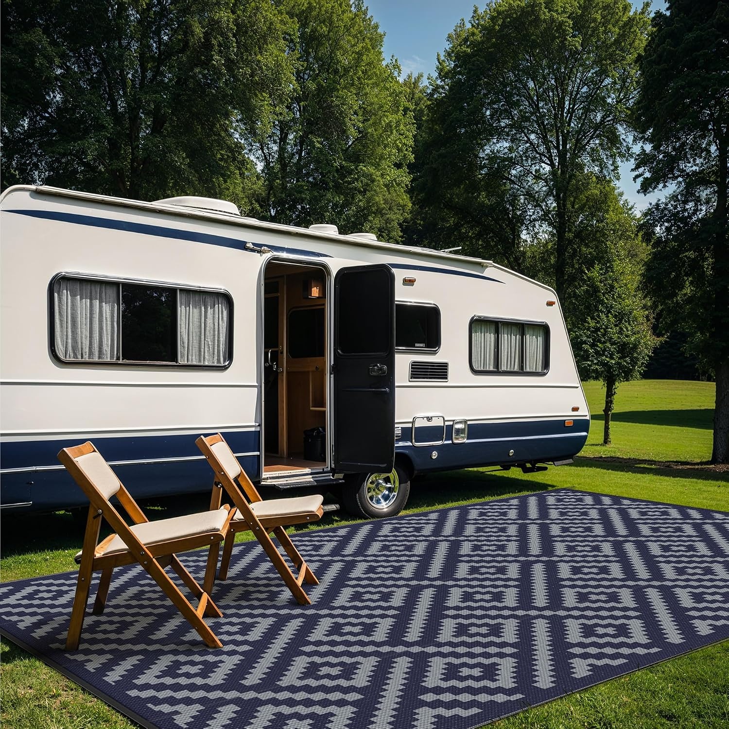 image:imageGENIMO Outdoor Rug for Patio Clearance 5x8 Reversible Plastic Straw Rugs Lightweight Waterproof RV Camping Mat for Camper Balcony Deck Backyard Picnic BlackBrownBluegrey