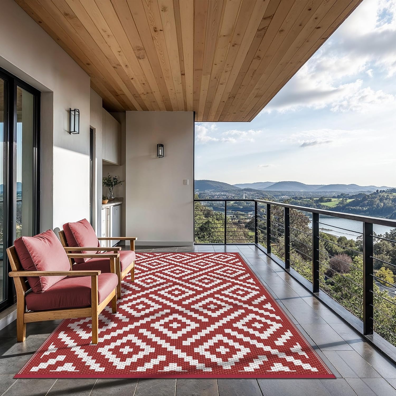 image:imageGENIMO Outdoor Rug for Patio Clearance 5x8 Reversible Plastic Straw Rugs Lightweight Waterproof RV Camping Mat for Camper Balcony Deck Backyard Picnic BlackBrownRed White
