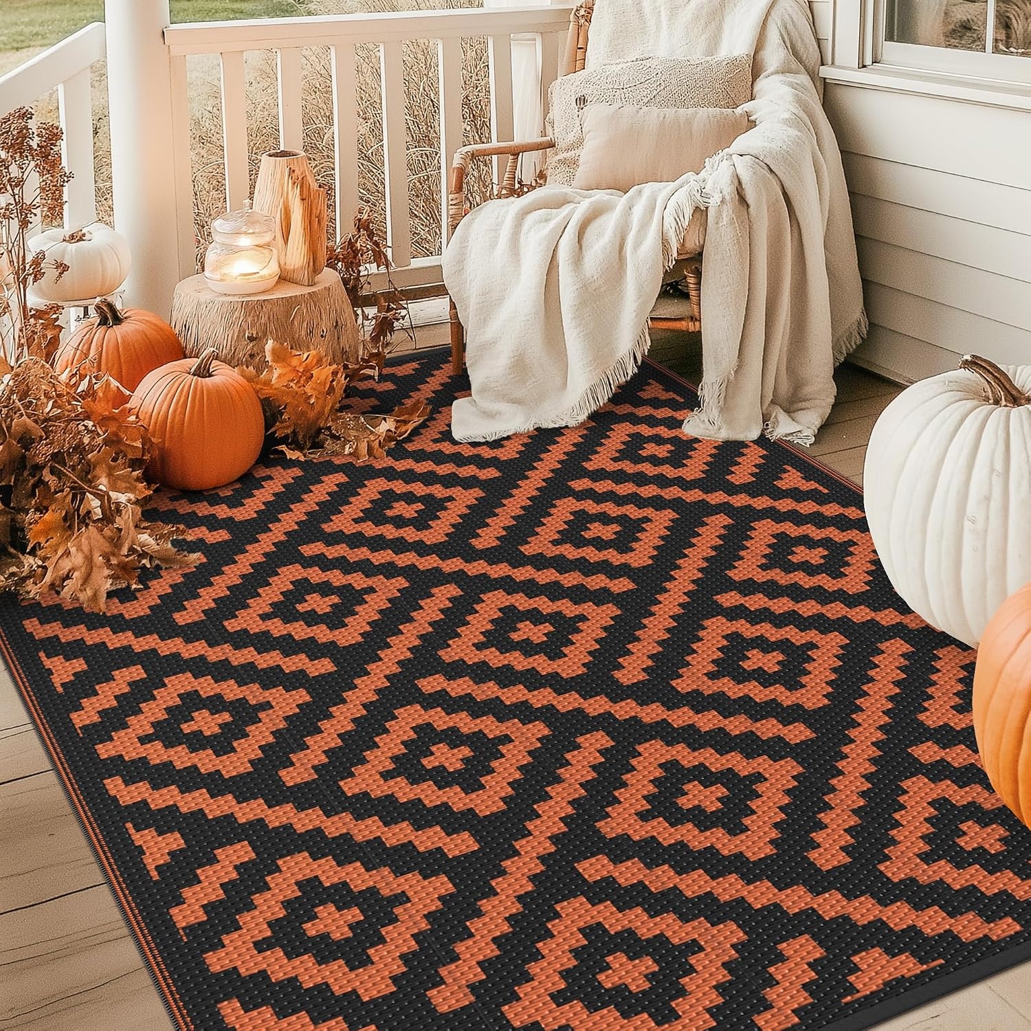 image:imageGENIMO Outdoor Rug for Patio Clearance 5x8 Reversible Plastic Straw Rugs Lightweight Waterproof RV Camping Mat for Camper Balcony Deck Backyard Picnic BlackBrownBlackorange