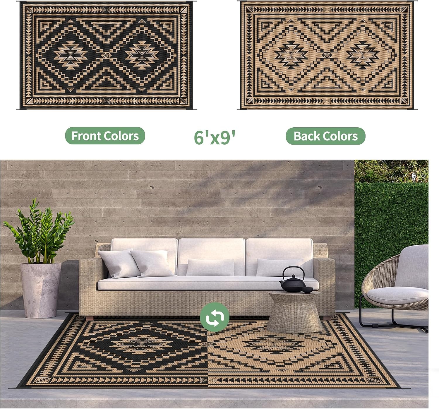 image:imageGENIMO Outdoor Rug for Patio Clearance 5x8 Reversible Plastic Straw Rugs Lightweight Waterproof RV Camping Mat for Camper Balcony Deck Backyard Picnic BlackBrownBlack Brown Aztec