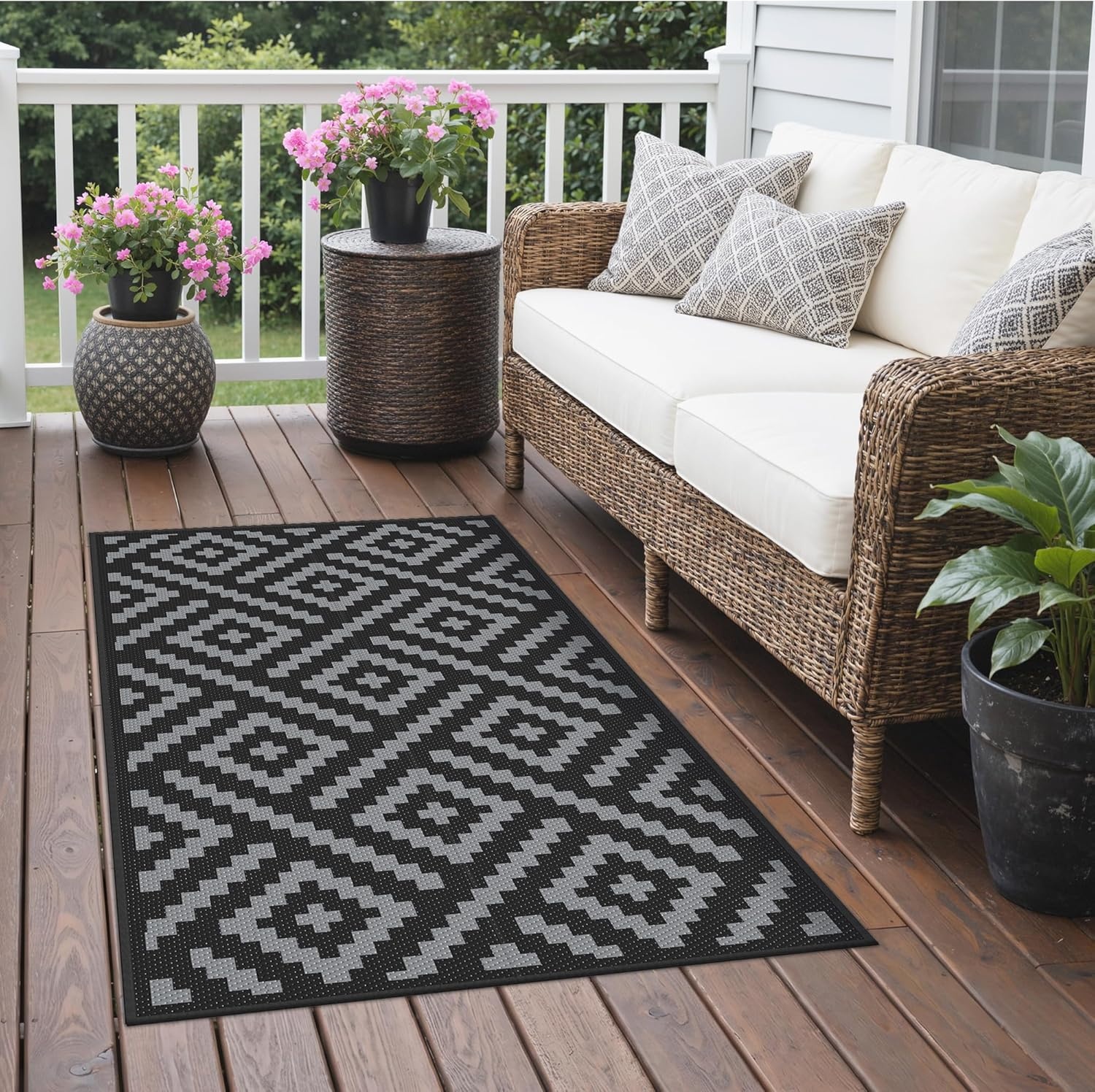 image:imageGENIMO Outdoor Rug for Patio Clearance 5x8 Reversible Plastic Straw Rugs Lightweight Waterproof RV Camping Mat for Camper Balcony Deck Backyard Picnic BlackBrownBlackgray