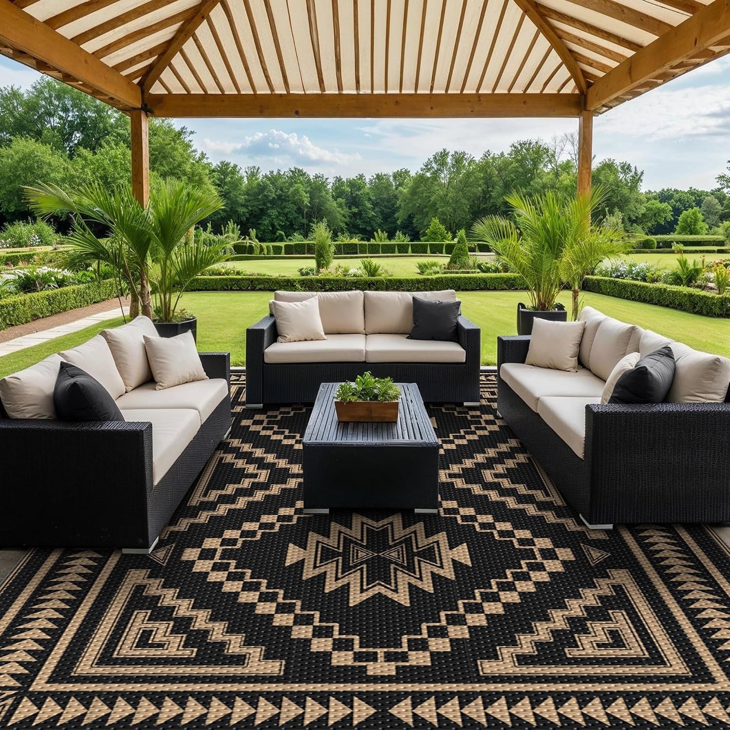 image:imageGENIMO Outdoor Rug for Patio Clearance 5x8 Reversible Plastic Straw Rugs Lightweight Waterproof RV Camping Mat for Camper Balcony Deck Backyard Picnic BlackBrownBlack Brown Aztec