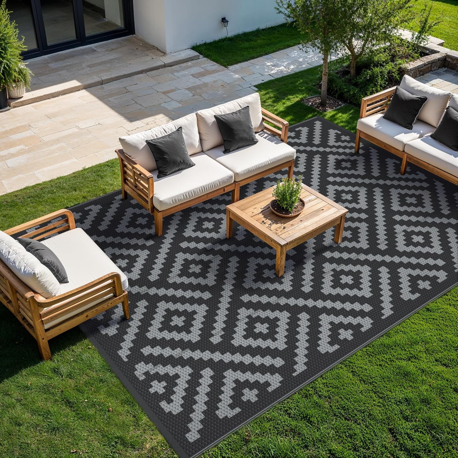 image:imageGENIMO Outdoor Rug for Patio Clearance 5x8 Reversible Plastic Straw Rugs Lightweight Waterproof RV Camping Mat for Camper Balcony Deck Backyard Picnic BlackBrownBlackgray