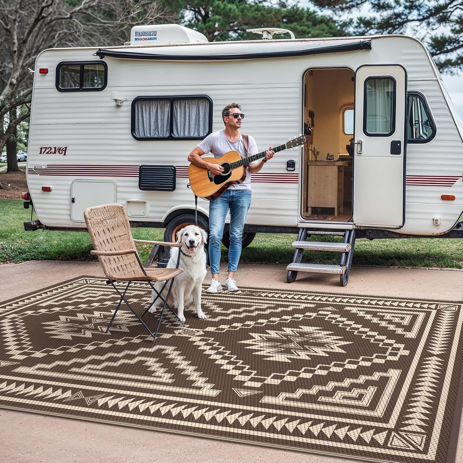 image:imageGENIMO Outdoor Rug for Patio Clearance 5x8 Reversible Plastic Straw Rugs Lightweight Waterproof RV Camping Mat for Camper Balcony Deck Backyard Picnic BlackBrownCoffee Beige Aztec