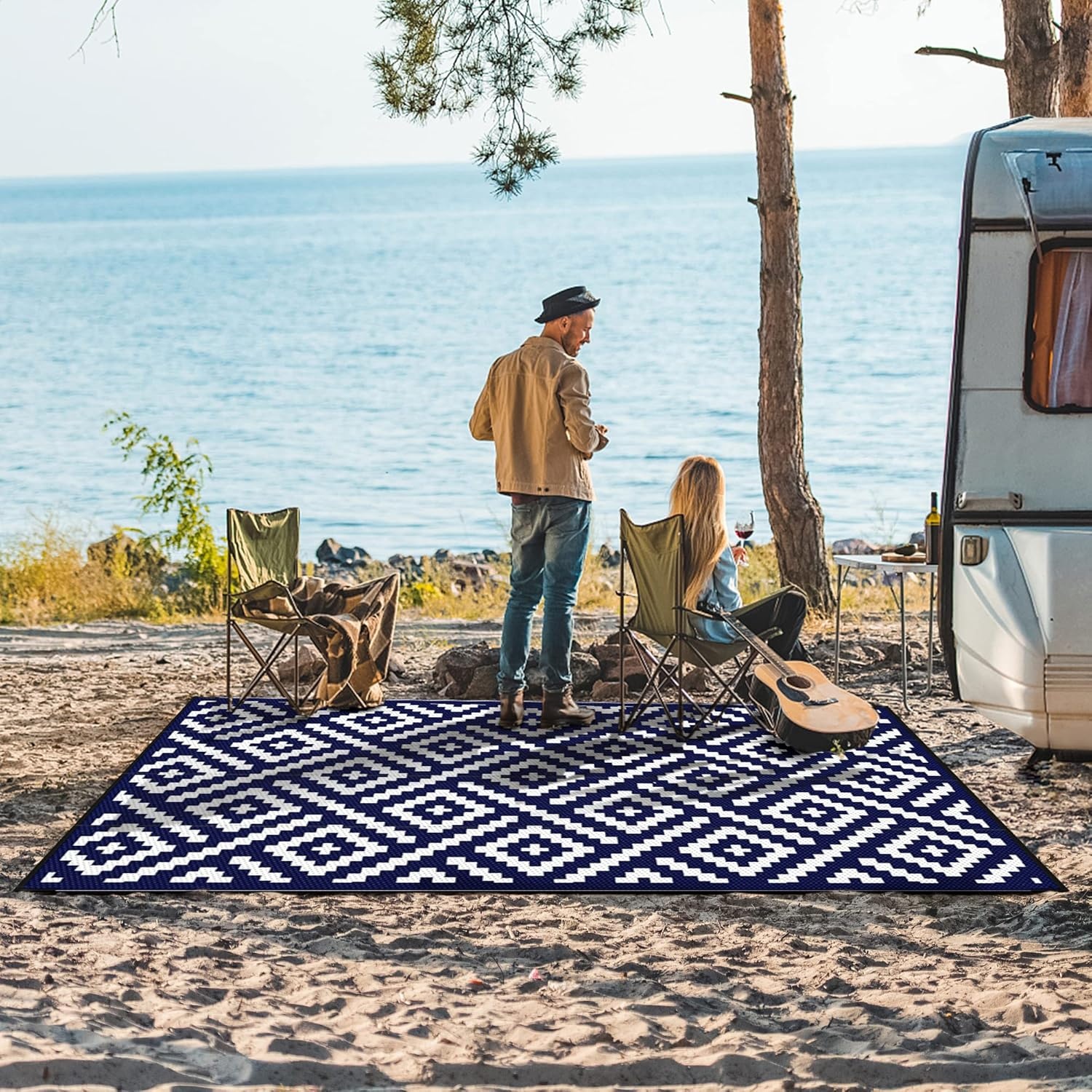 image:imageGENIMO Outdoor Rug for Patio Clearance 5x8 Reversible Plastic Straw Rugs Lightweight Waterproof RV Camping Mat for Camper Balcony Deck Backyard Picnic BlackBrownNavy Bluewhite