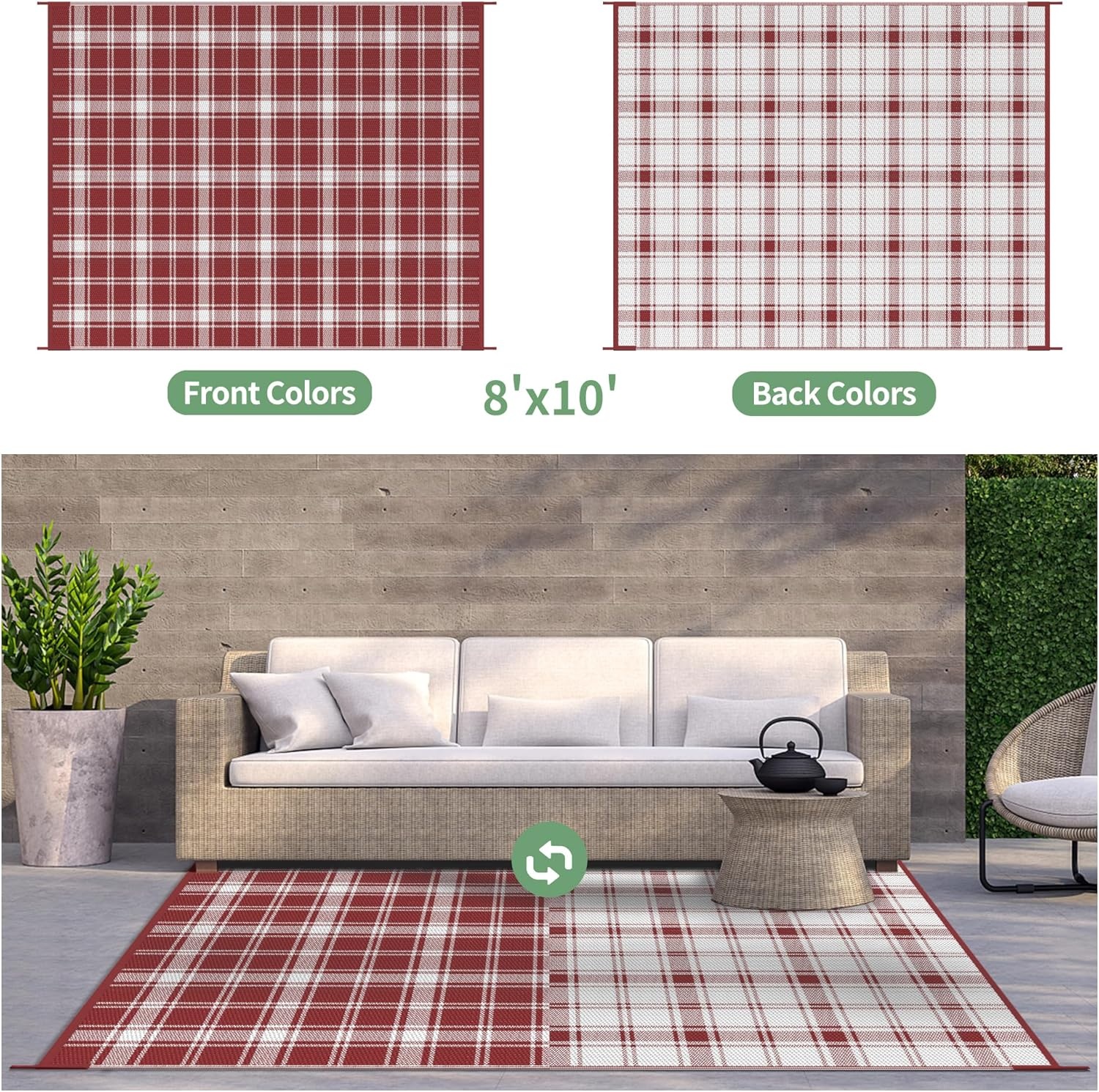 image:imageGENIMO Outdoor Rug for Patio Clearance 5x8 Reversible Plastic Straw Rugs Lightweight Waterproof RV Camping Mat for Camper Balcony Deck Backyard Picnic BlackBrownRed White Plaid