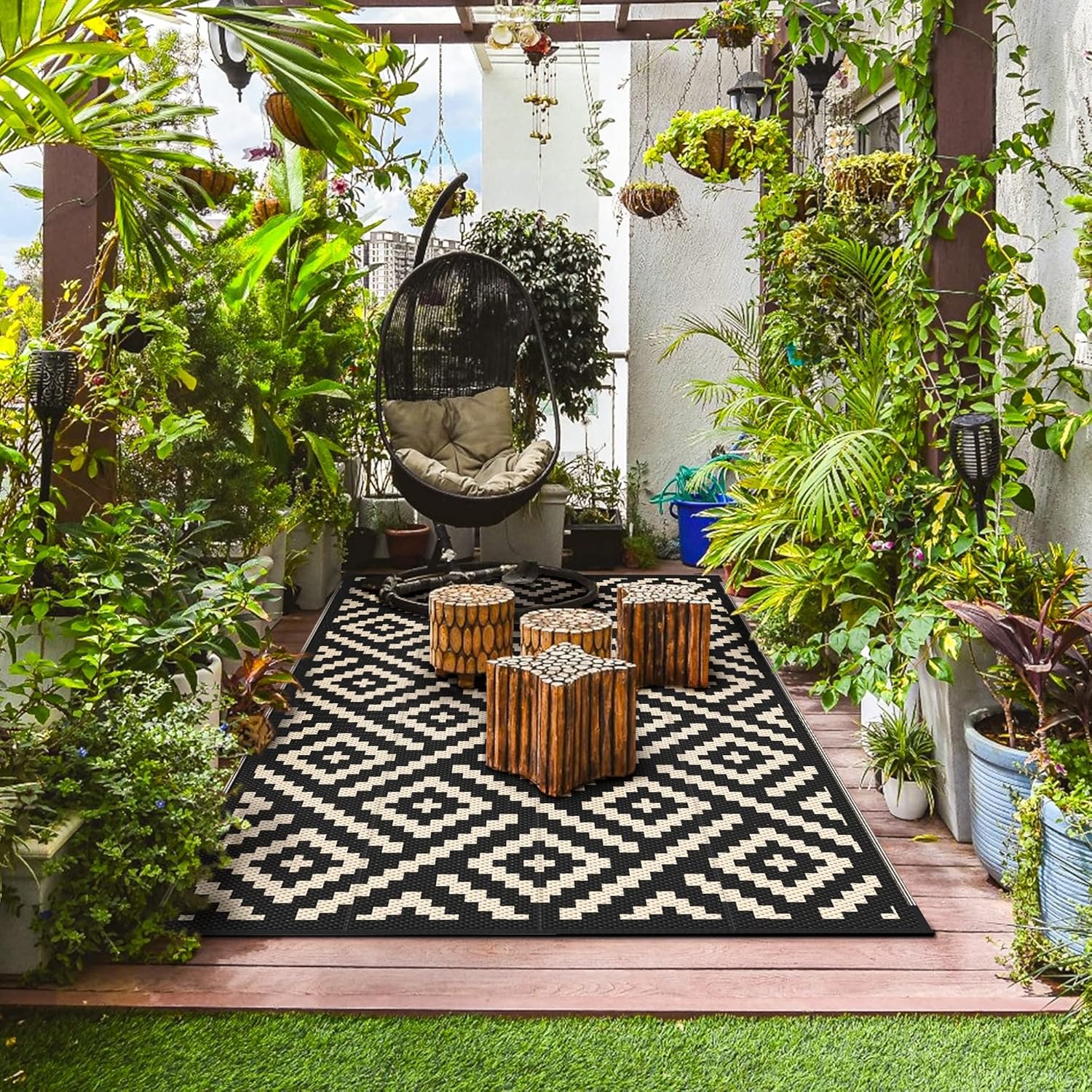 image:imageGENIMO Outdoor Rug for Patio Clearance 5x8 Reversible Plastic Straw Rugs Lightweight Waterproof RV Camping Mat for Camper Balcony Deck Backyard Picnic BlackBrownBlackbeige