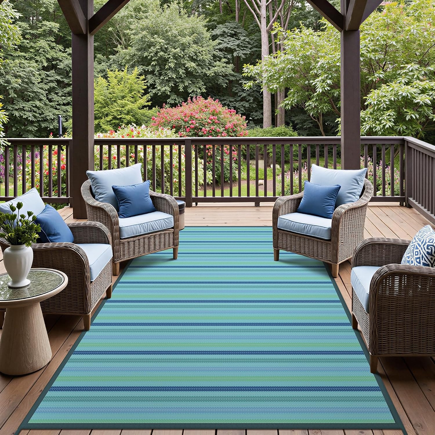 image:imageGENIMO Outdoor Rug for Patio Clearance 5x8 Reversible Plastic Straw Rugs Lightweight Waterproof RV Camping Mat for Camper Balcony Deck Backyard Picnic BlackBrownLightblue