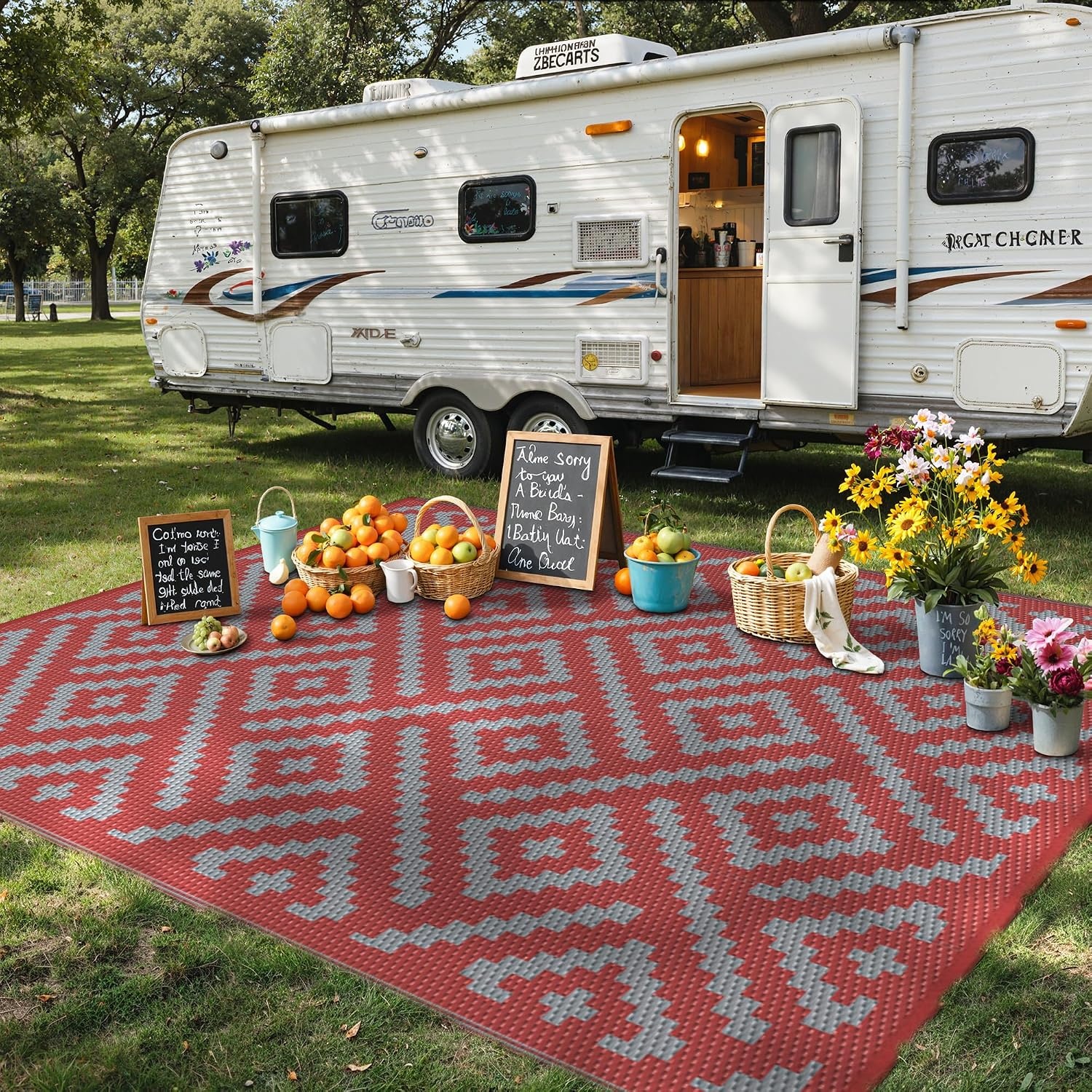 image:imageGENIMO Outdoor Rug for Patio Clearance 5x8 Reversible Plastic Straw Rugs Lightweight Waterproof RV Camping Mat for Camper Balcony Deck Backyard Picnic BlackBrownRed Grey