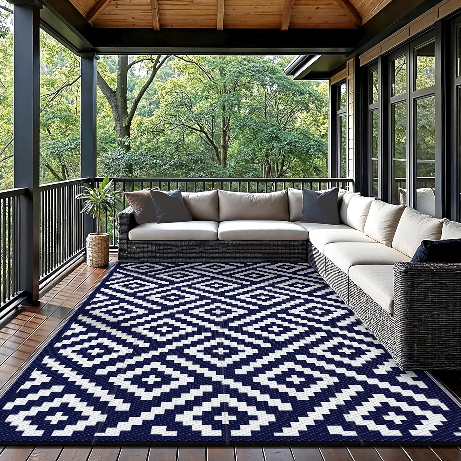 image:imageGENIMO Outdoor Rug for Patio Clearance 5x8 Reversible Plastic Straw Rugs Lightweight Waterproof RV Camping Mat for Camper Balcony Deck Backyard Picnic BlackBrownNavy Bluewhite