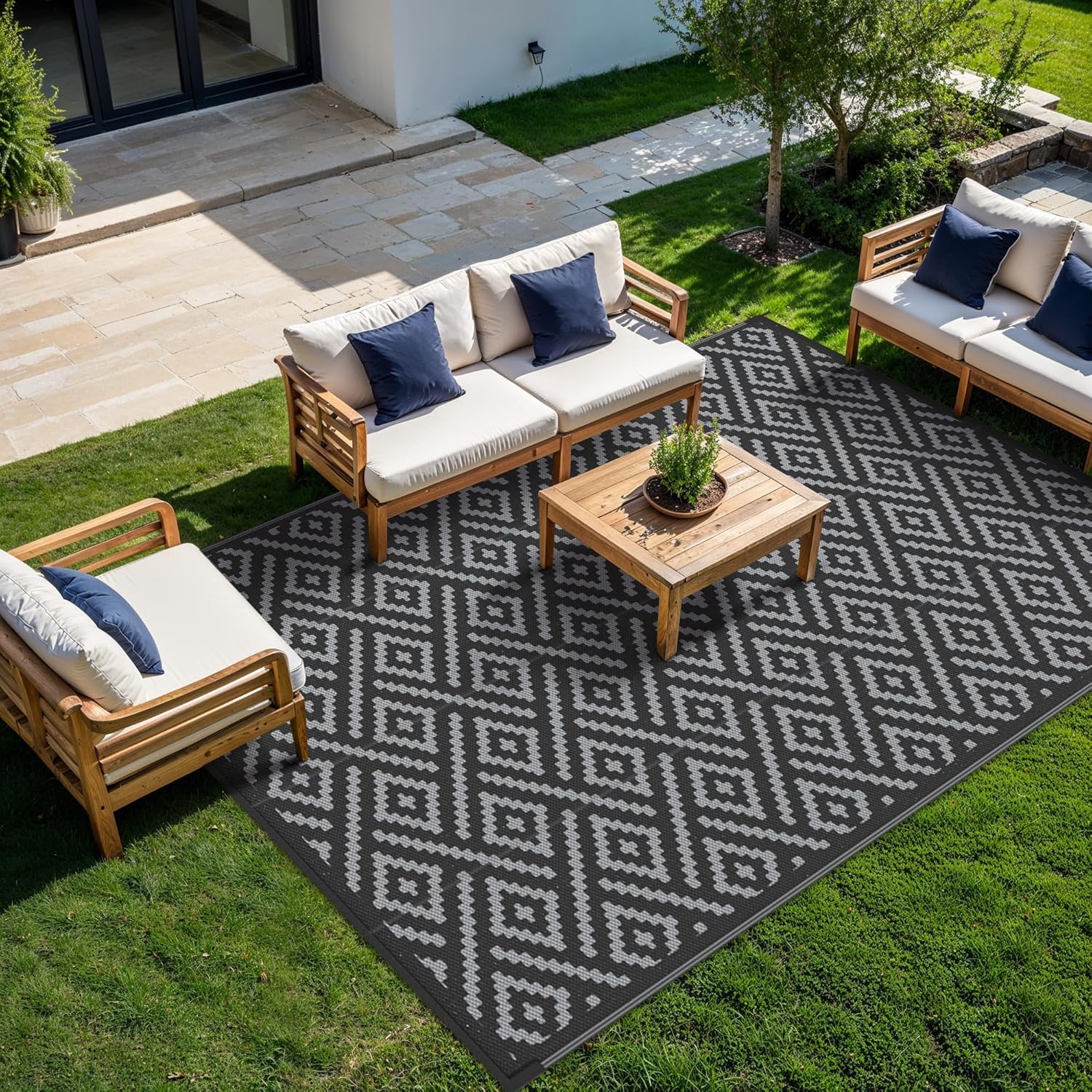 image:imageGENIMO Outdoor Rug for Patio Clearance 5x8 Reversible Plastic Straw Rugs Lightweight Waterproof RV Camping Mat for Camper Balcony Deck Backyard Picnic BlackBrownBlackgray