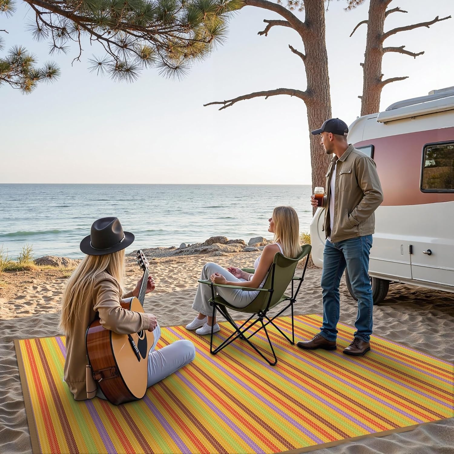 image:imageGENIMO Outdoor Rug for Patio Clearance 5x8 Reversible Plastic Straw Rugs Lightweight Waterproof RV Camping Mat for Camper Balcony Deck Backyard Picnic BlackBrownRainbow
