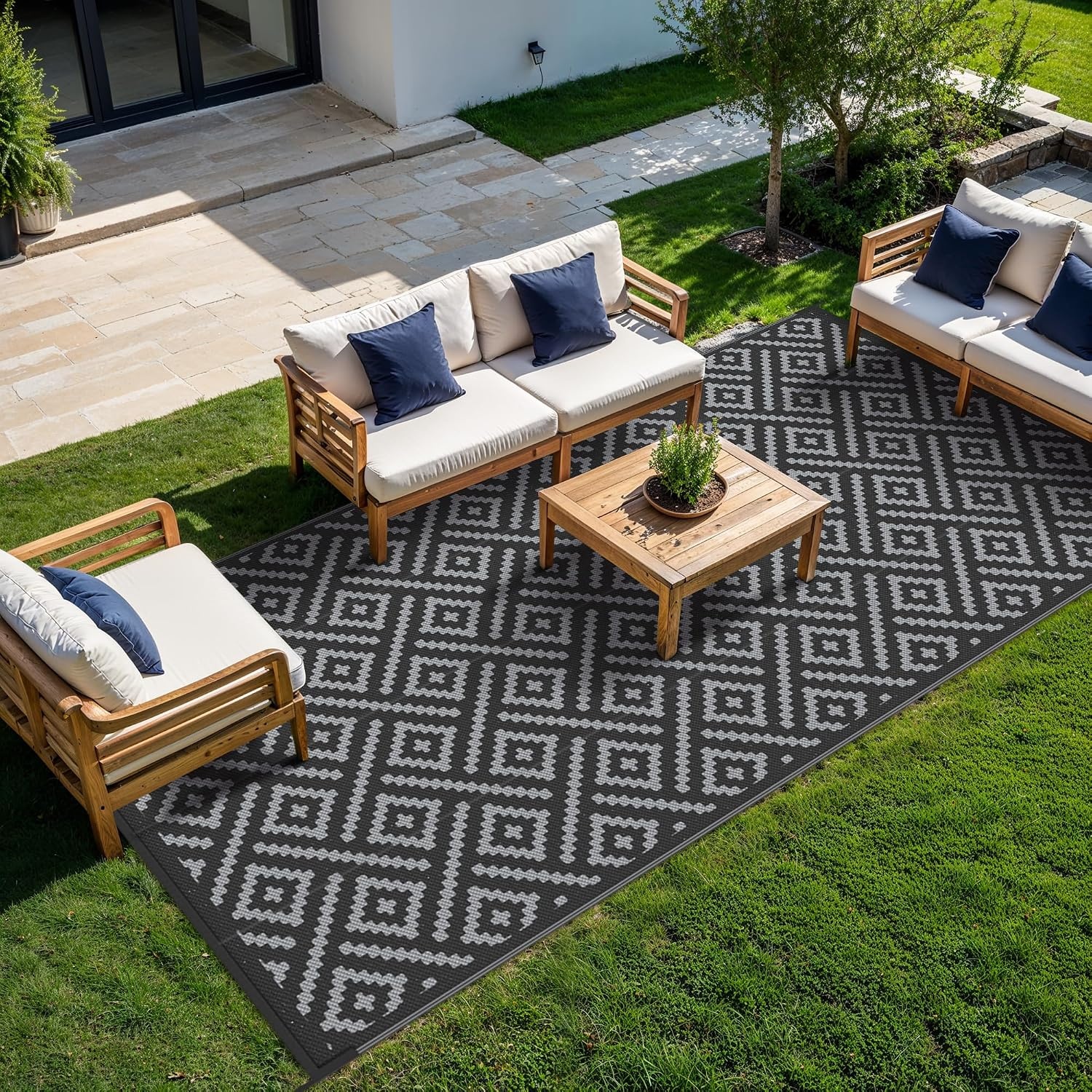 image:imageGENIMO Outdoor Rug for Patio Clearance 5x8 Reversible Plastic Straw Rugs Lightweight Waterproof RV Camping Mat for Camper Balcony Deck Backyard Picnic BlackBrownBlackgray