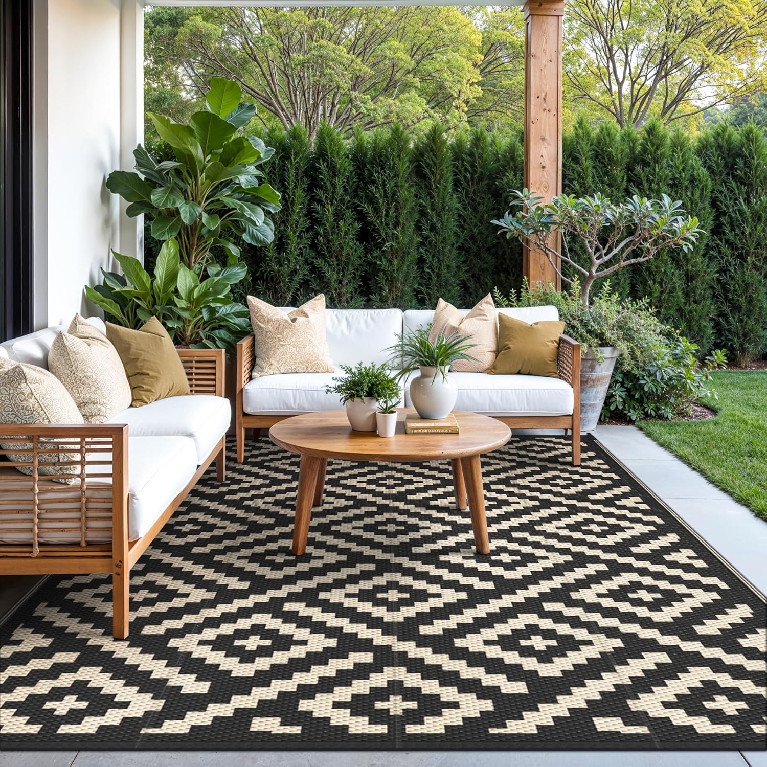 image:imageGENIMO Outdoor Rug for Patio Clearance 5x8 Reversible Plastic Straw Rugs Lightweight Waterproof RV Camping Mat for Camper Balcony Deck Backyard Picnic BlackBrownBlackbeige