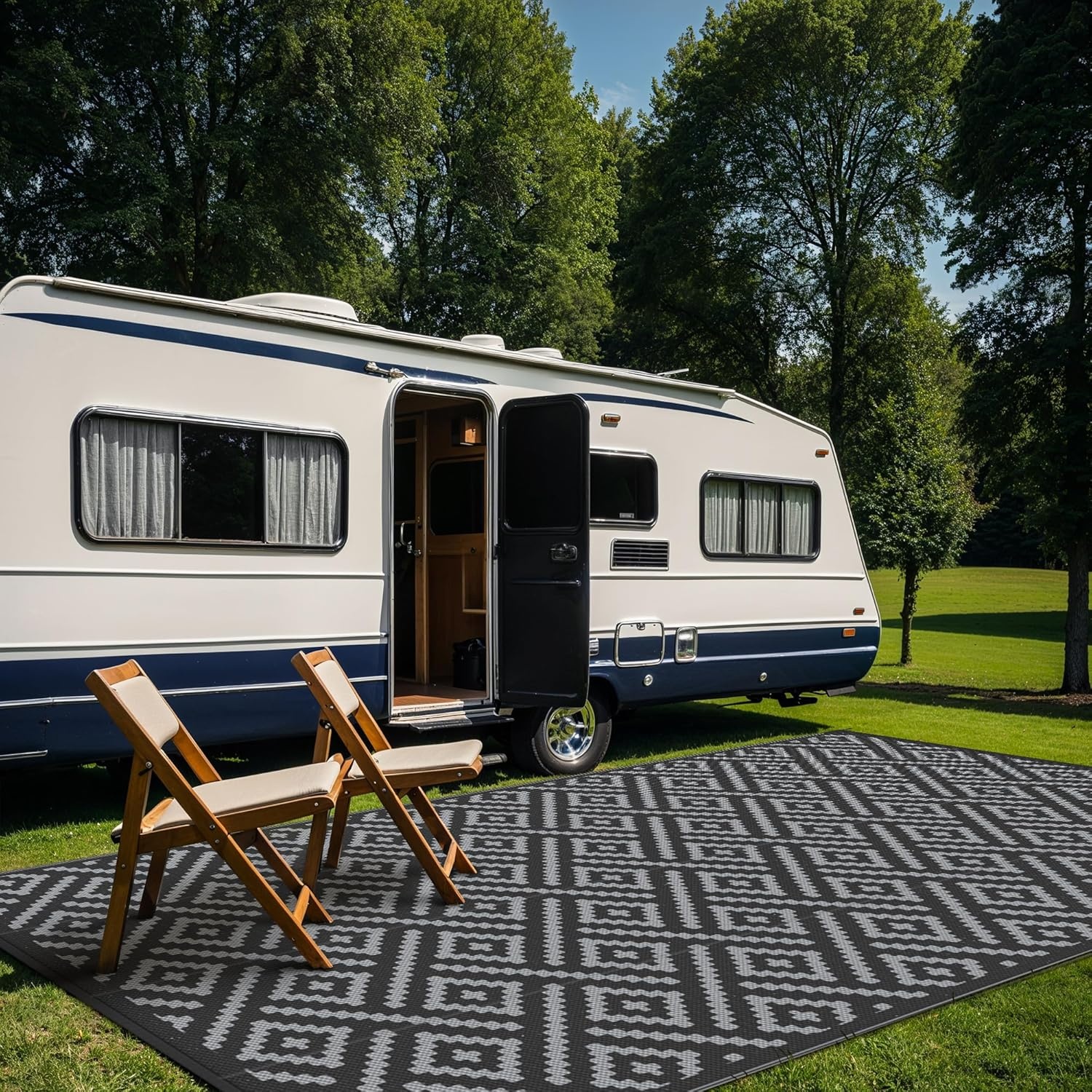 image:imageGENIMO Outdoor Rug for Patio Clearance 5x8 Reversible Plastic Straw Rugs Lightweight Waterproof RV Camping Mat for Camper Balcony Deck Backyard Picnic BlackBrownBlackgray