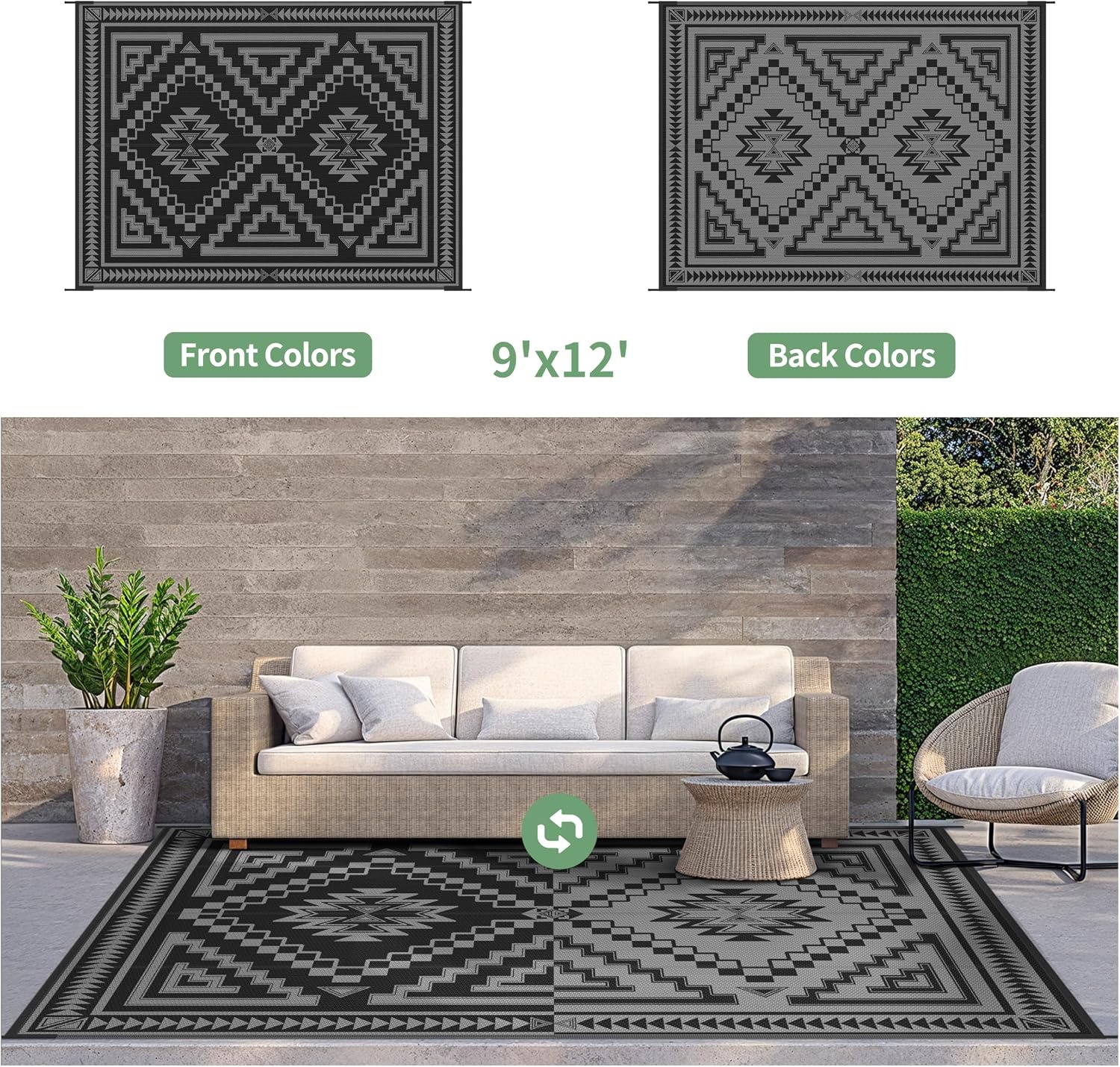 image:imageGENIMO Outdoor Rug for Patio Clearance 5x8 Reversible Plastic Straw Rugs Lightweight Waterproof RV Camping Mat for Camper Balcony Deck Backyard Picnic BlackBrownBlack Grey Aztec
