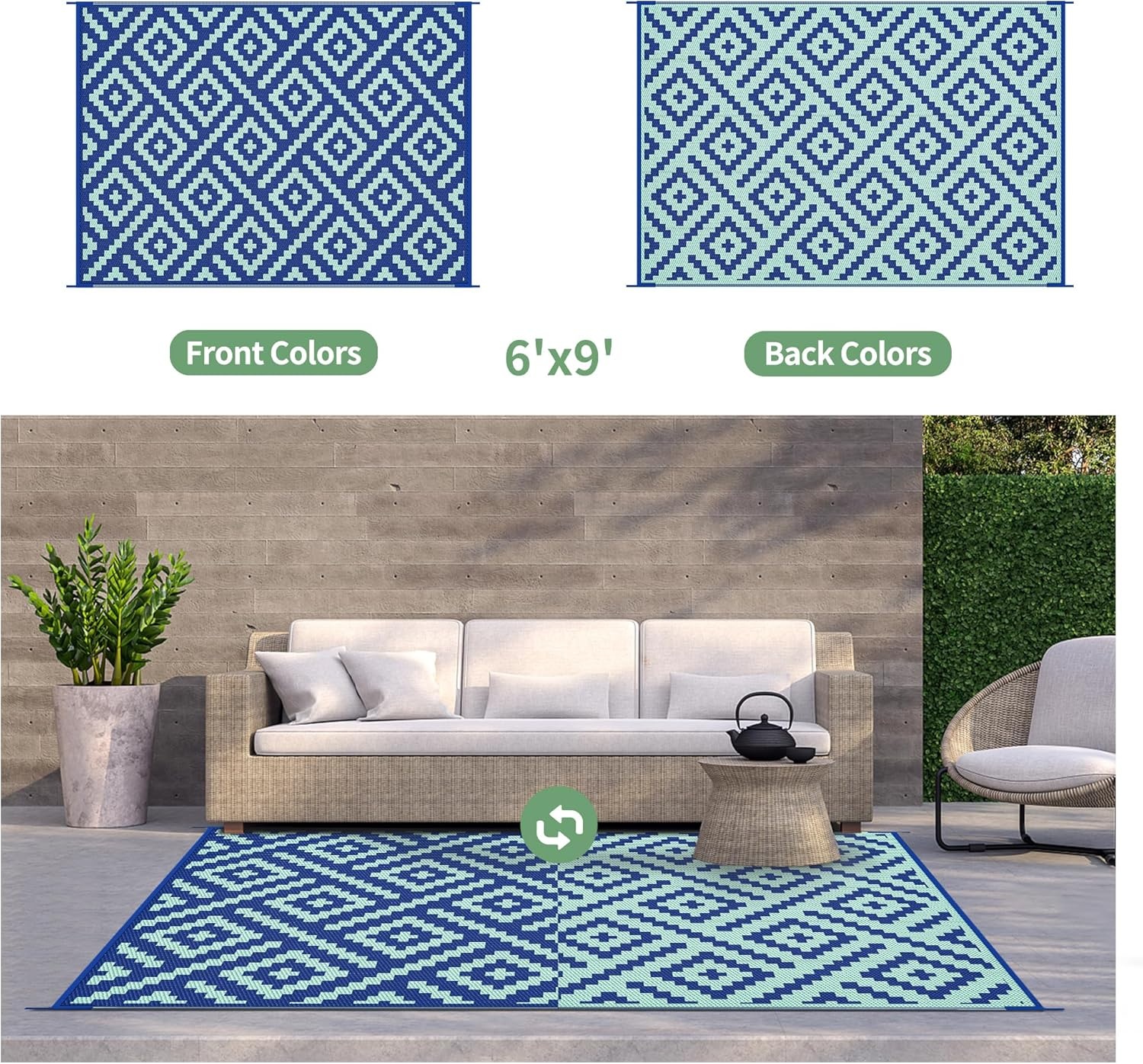 image:imageGENIMO Outdoor Rug for Patio Clearance 5x8 Reversible Plastic Straw Rugs Lightweight Waterproof RV Camping Mat for Camper Balcony Deck Backyard Picnic BlackBrownRoyalbluebluegreen