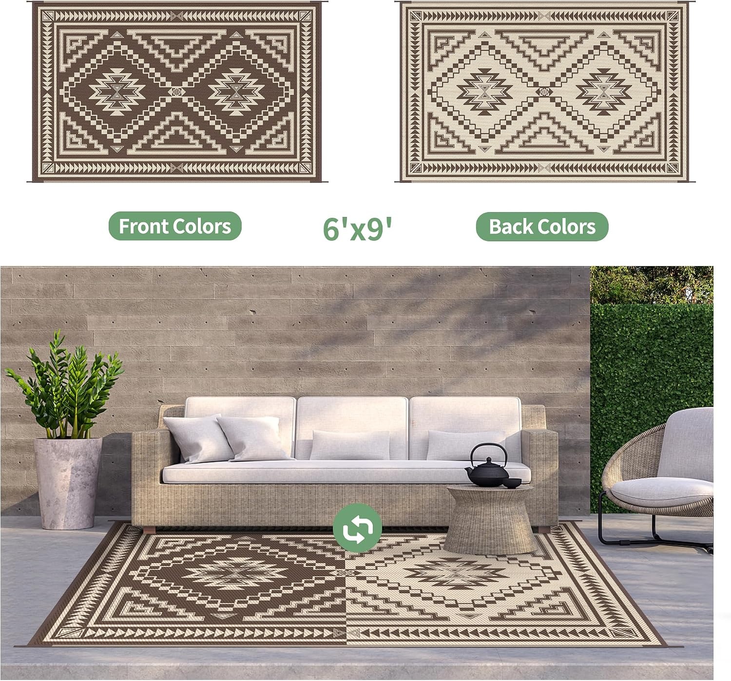 image:imageGENIMO Outdoor Rug for Patio Clearance 5x8 Reversible Plastic Straw Rugs Lightweight Waterproof RV Camping Mat for Camper Balcony Deck Backyard Picnic BlackBrownCoffee Beige Aztec