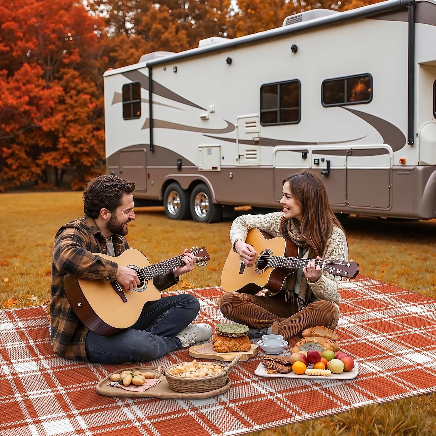 image:imageGENIMO Outdoor Rug for Patio Clearance 5x8 Reversible Plastic Straw Rugs Lightweight Waterproof RV Camping Mat for Camper Balcony Deck Backyard Picnic BlackBrownOrange White Plaid
